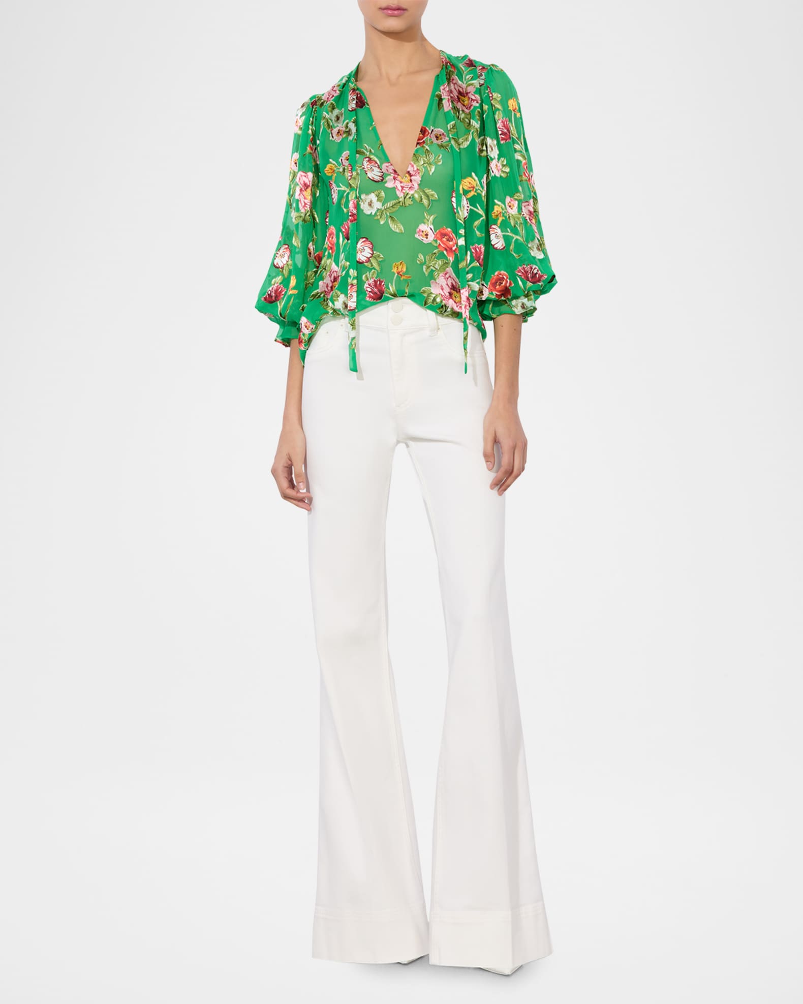 売れ筋商品|||アリス アンド オリビア シャツ レディース トップス MORANNE TIE NECK RUFFLE SLEEVE - Blouse - green Alice + Olivia Moranne Tie-Neck Blouse | Neiman Marcus