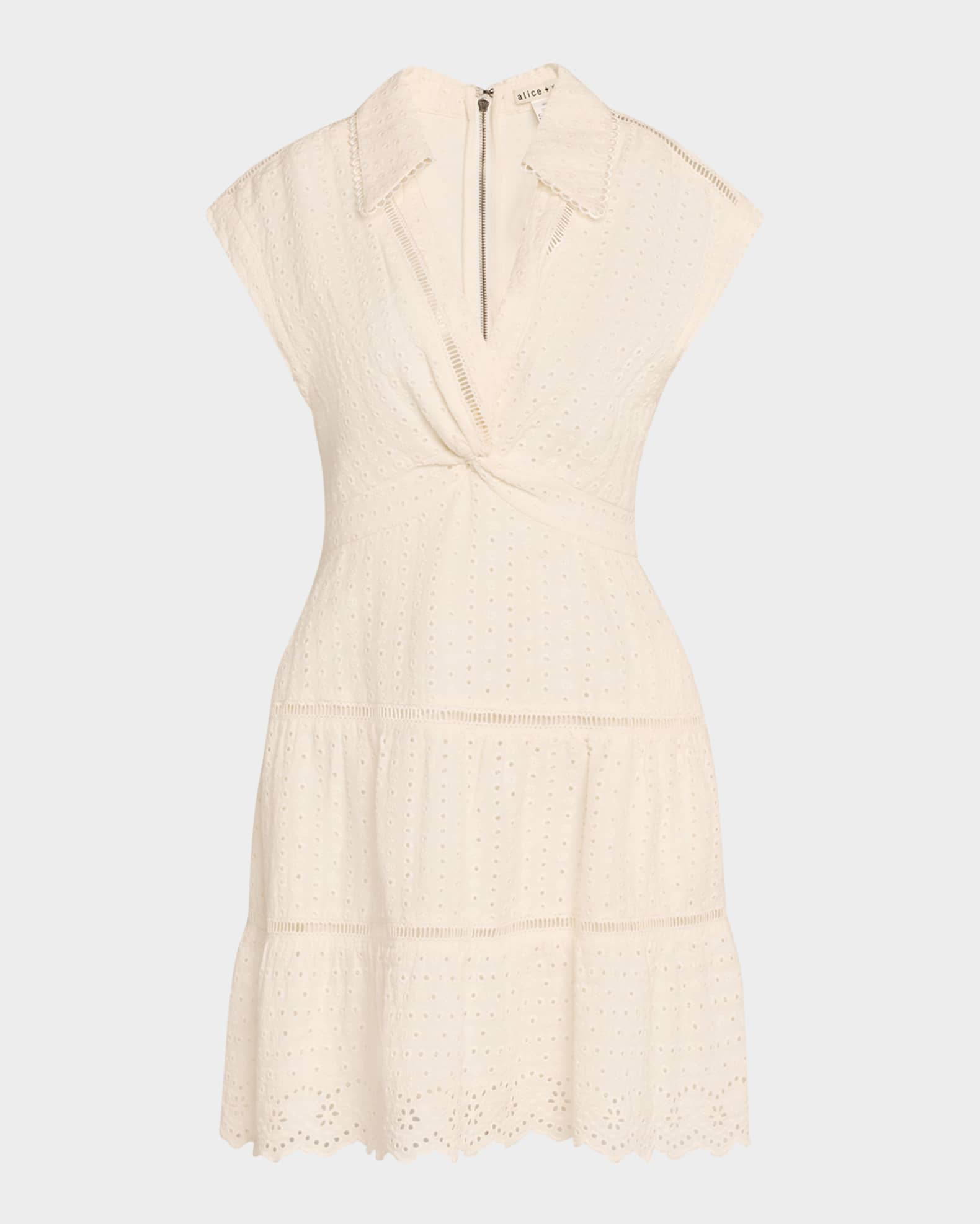 ALICE + OLIVIA Mila Eyelet Deep V Twist-Front Mini Dress | Neiman
