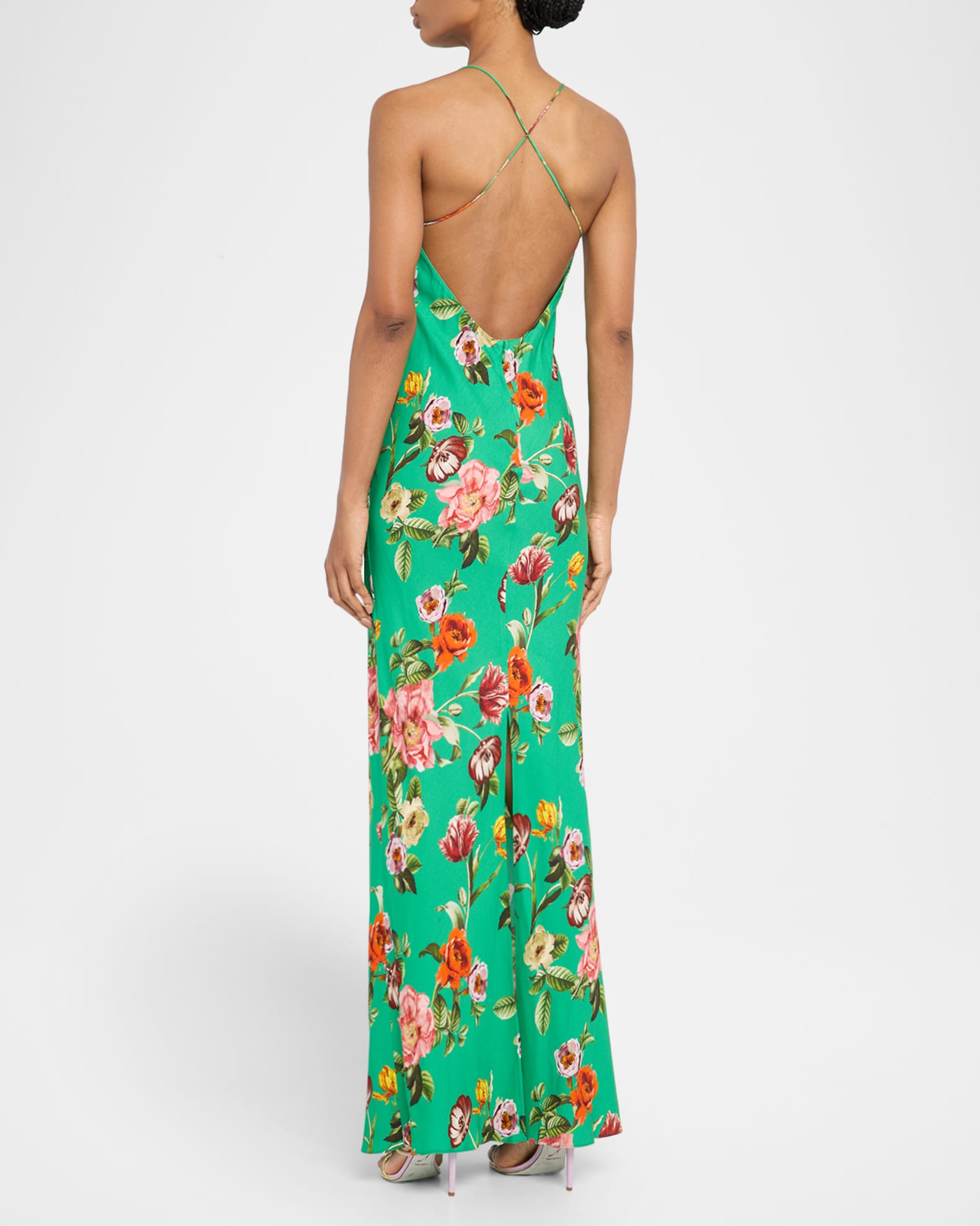 green floral slip dress Straps Green Floral Appliques Satin Maxi Dress – PollyBoutique main image 0