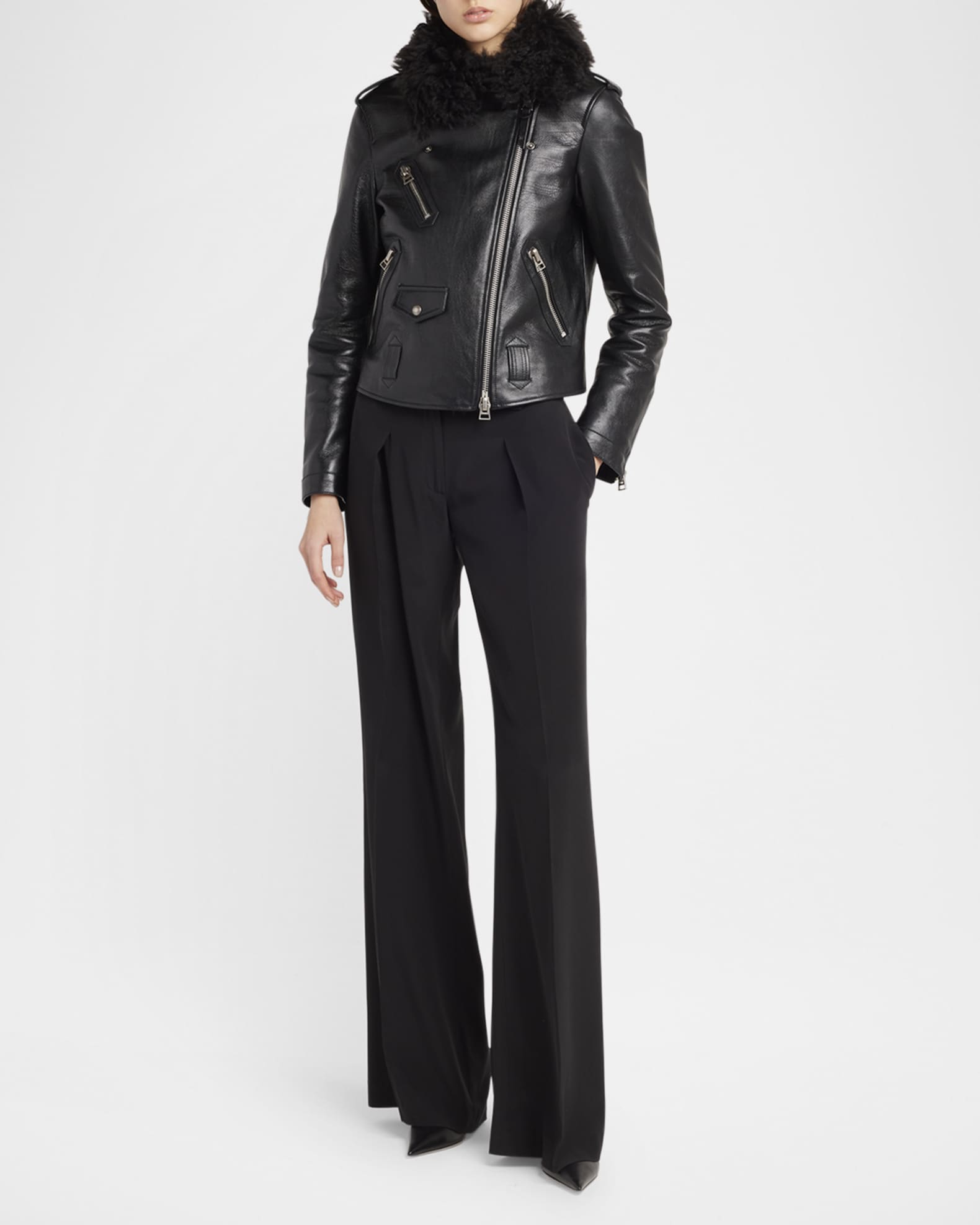 Curly Sheep Shearling Collar Leather Biker Jacket 1