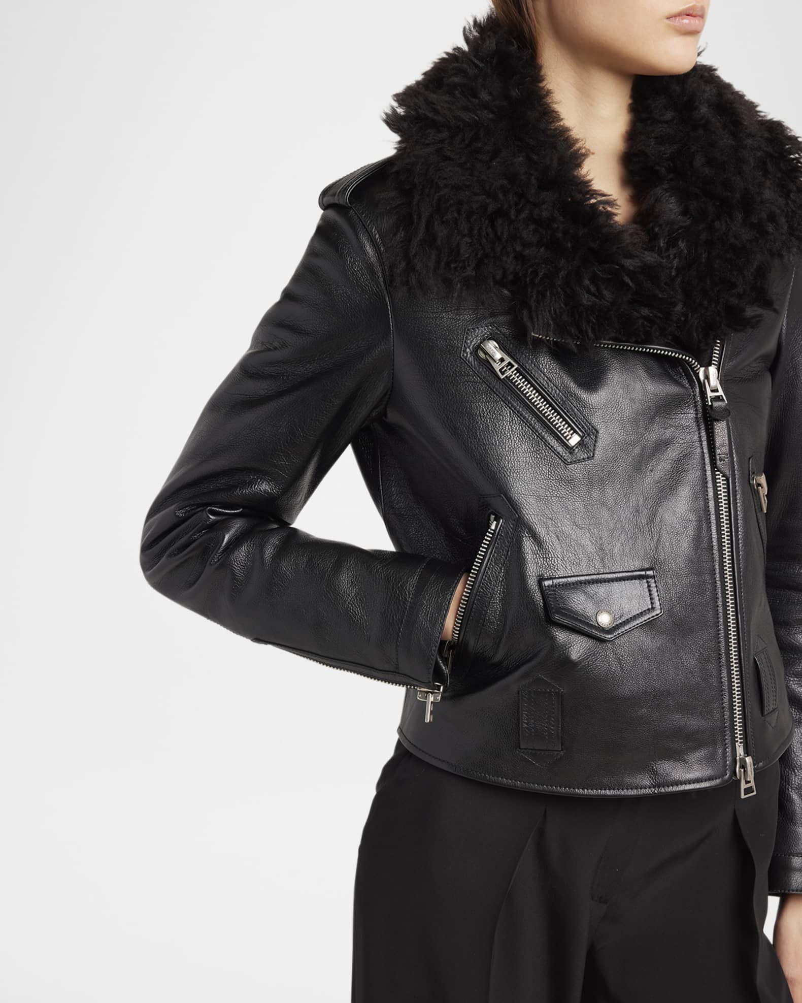 羊革・コート襟付き羊革ライダージャケット Sheep Leather Jacket with Coat Collar TOM FORD Curly Sheep Shearling Collar Leather Biker Jacket