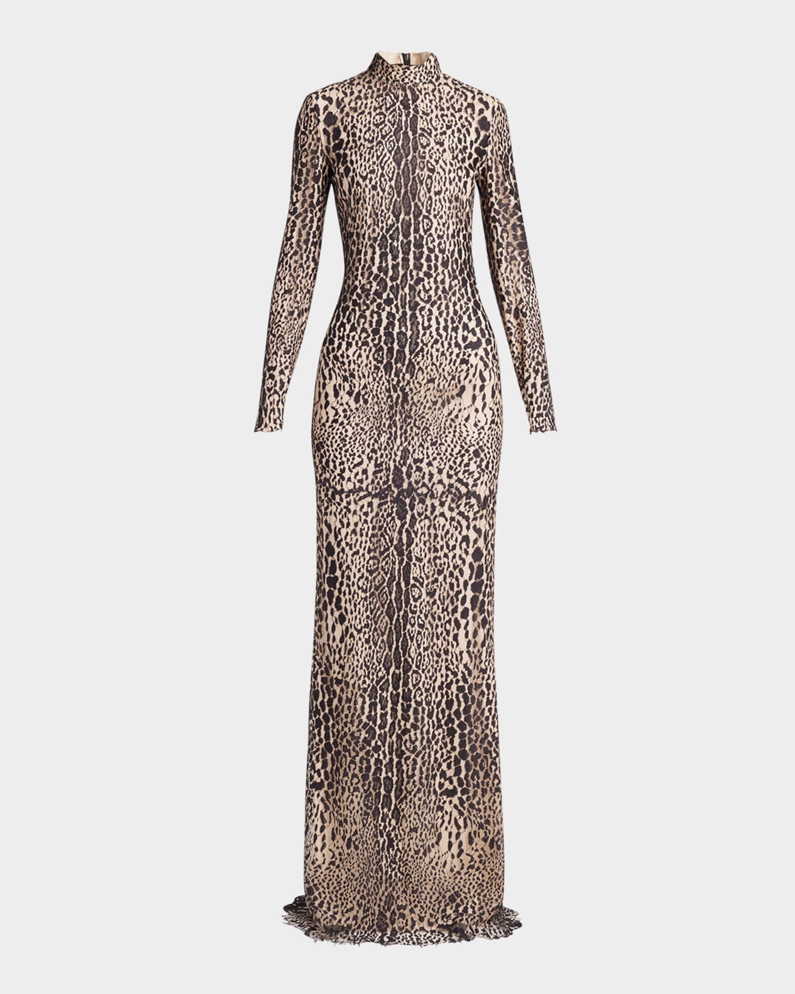 Leopard Lace Mock-Neck Evening Dress 0