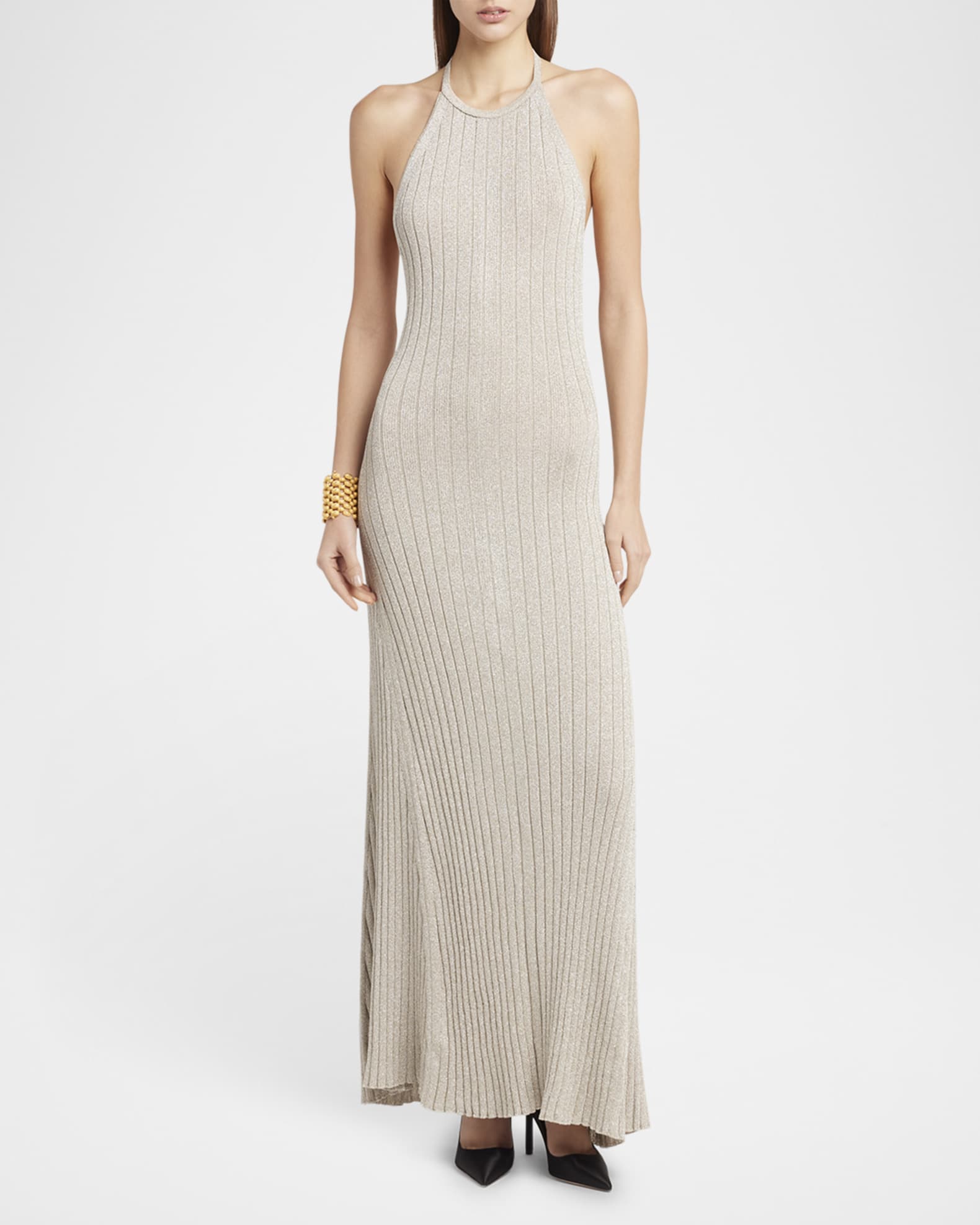 Metallic Rib Halter Backless Maxi Dress 1
