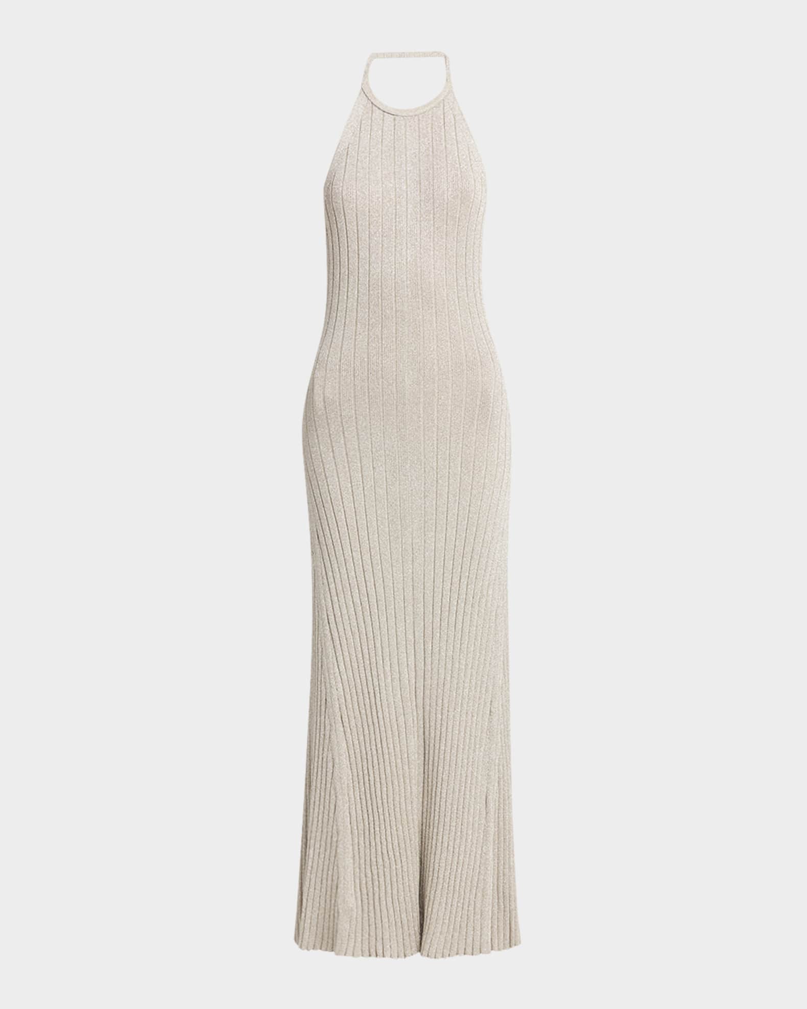 Metallic Rib Halter Backless Maxi Dress 0