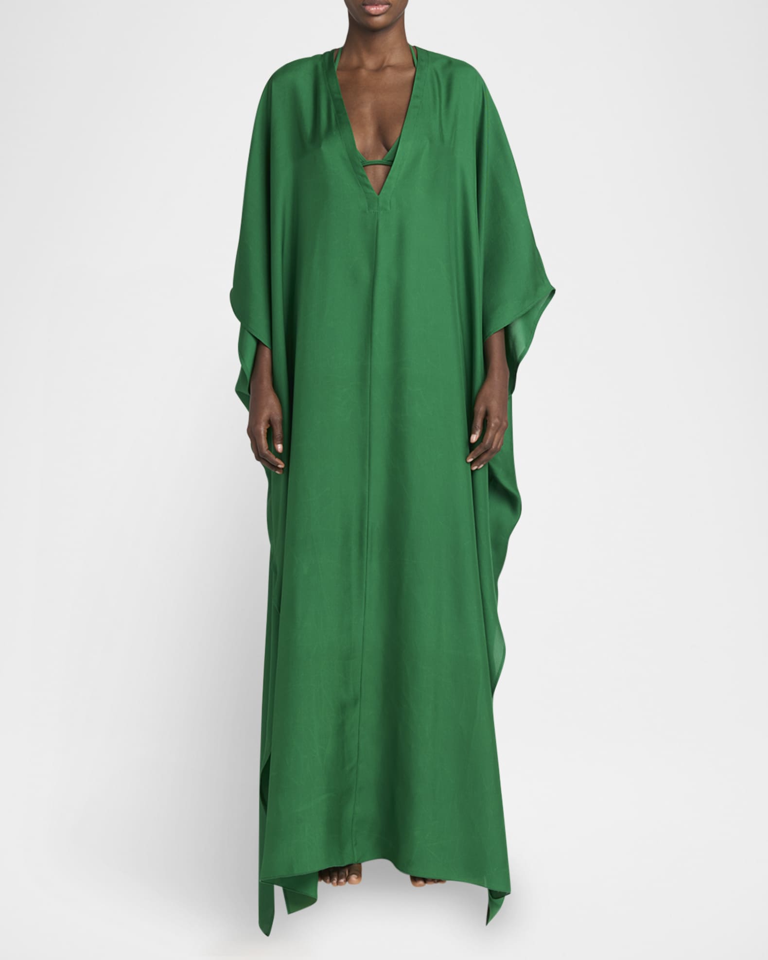 Plunging V-Neck Light Silk Twill Maxi Kaftan Dress 1