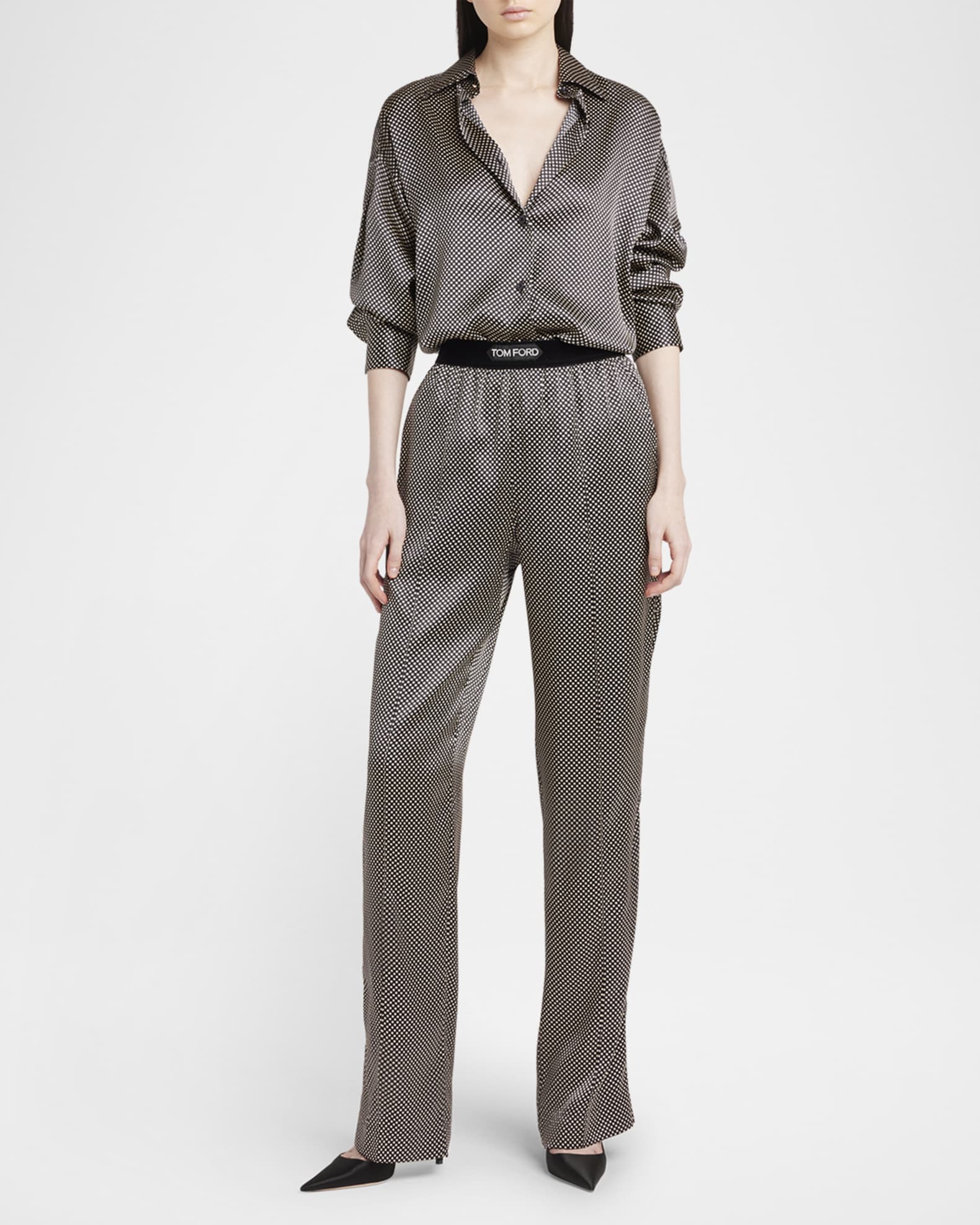 Polka Dot Stretch Satin Button-Down Shirt 1