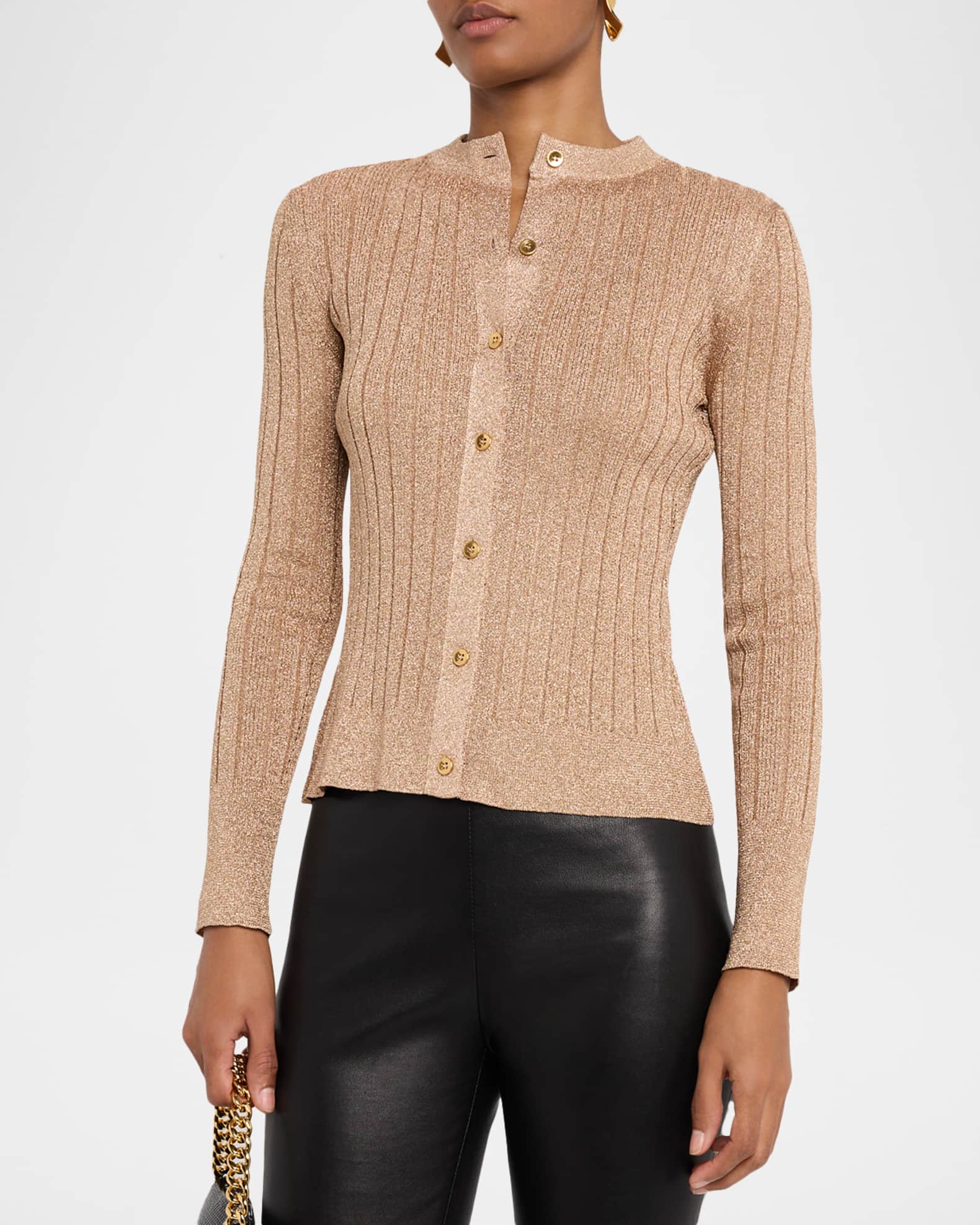 TOM FORD Metallic Rib Crewneck Cardigan | Neiman Marcus