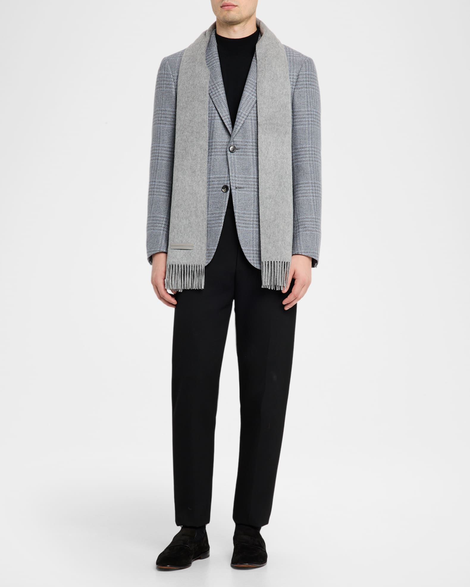 Zegna Oasi Cashmere Madras Check Scarf With Leather Brand Mark - Blue