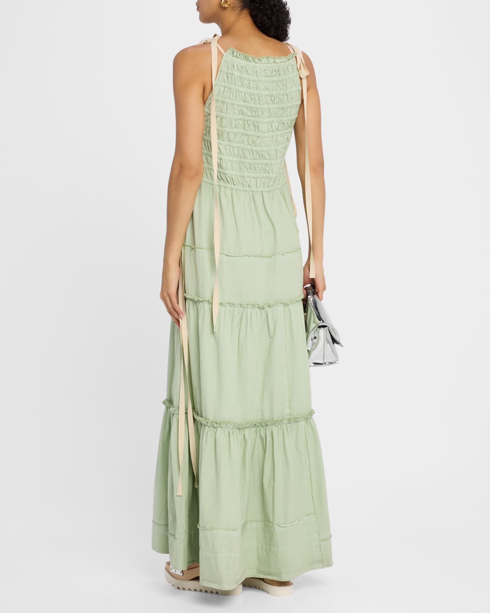 Ganni Green Light Smocked Tiered Dress - Size 10/12 Organic Cotton
