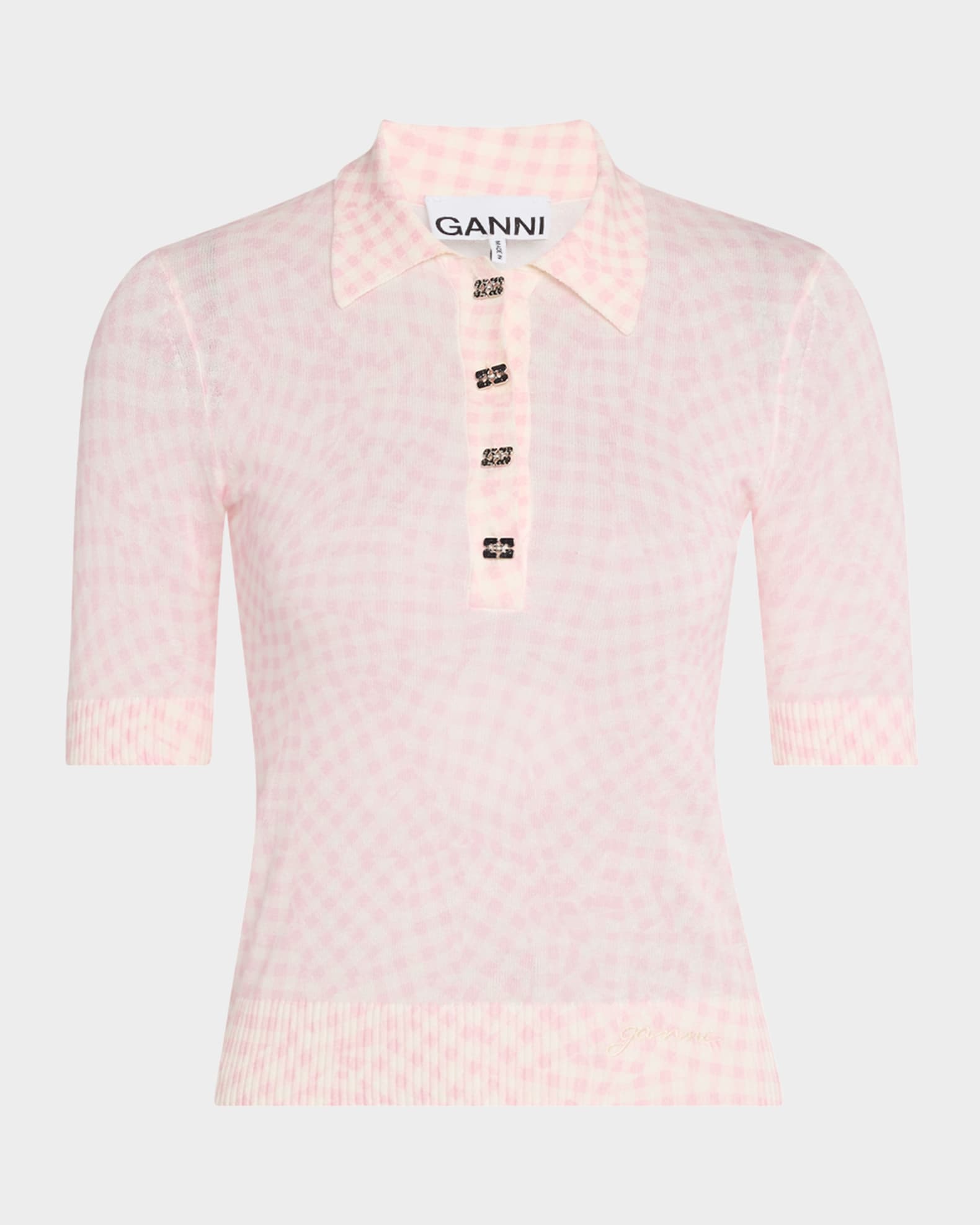 Ganni Checked Sheer Cotton-Blend Polo Shirt | Neiman Marcus