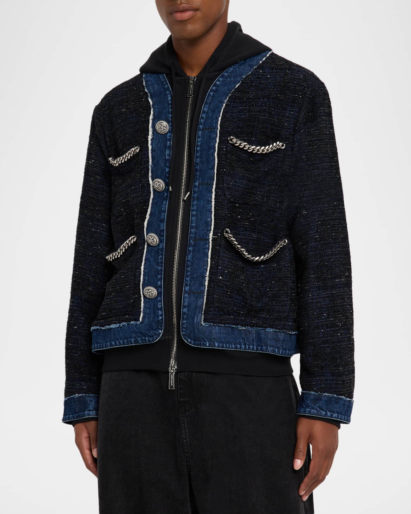 Dsquared2 Men's Denim Boucle Chain-Trim Hoodie Jacket | Neiman Marcus