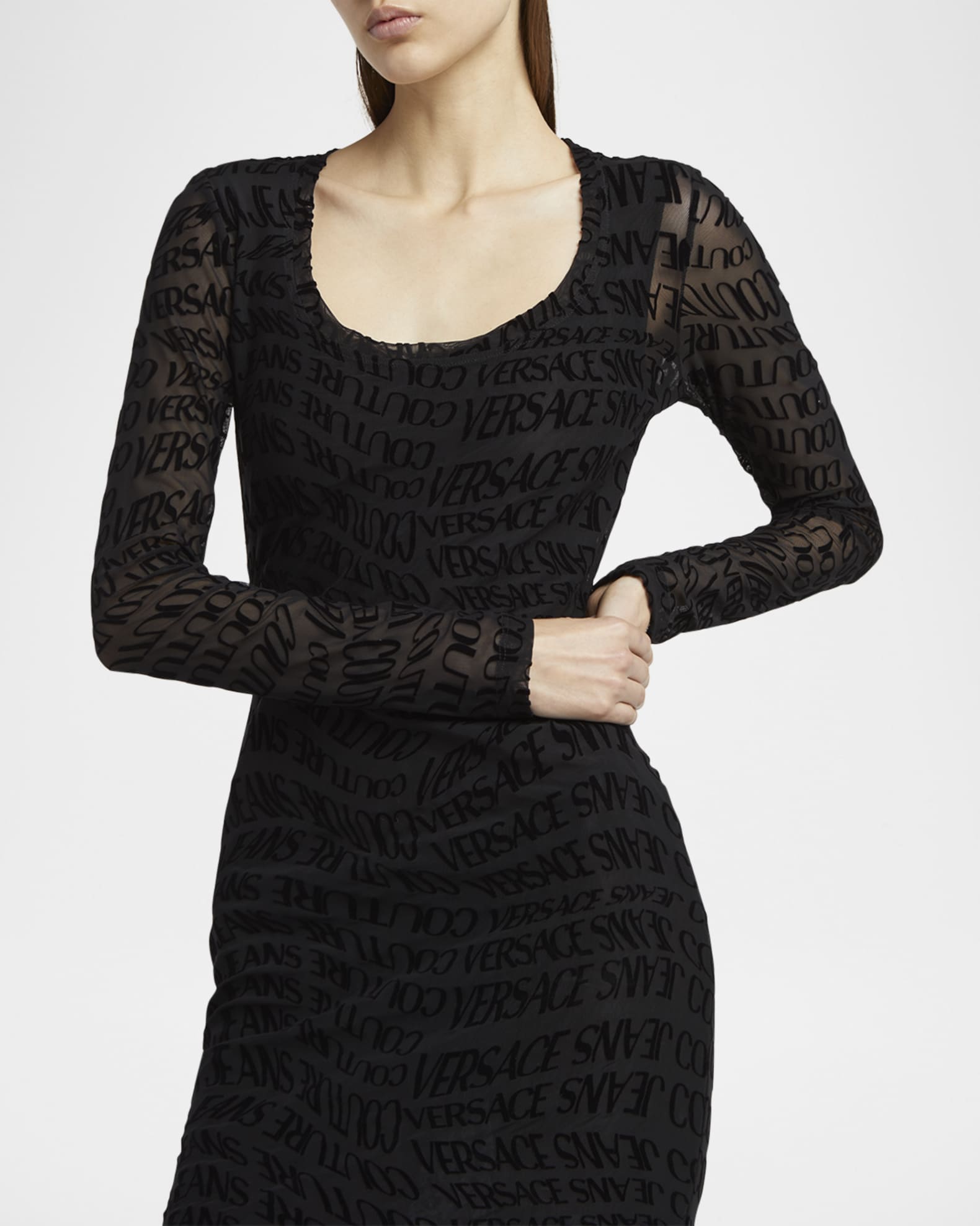 Versace Mesh Logo Bodycon Midi Dress | Neiman Marcus