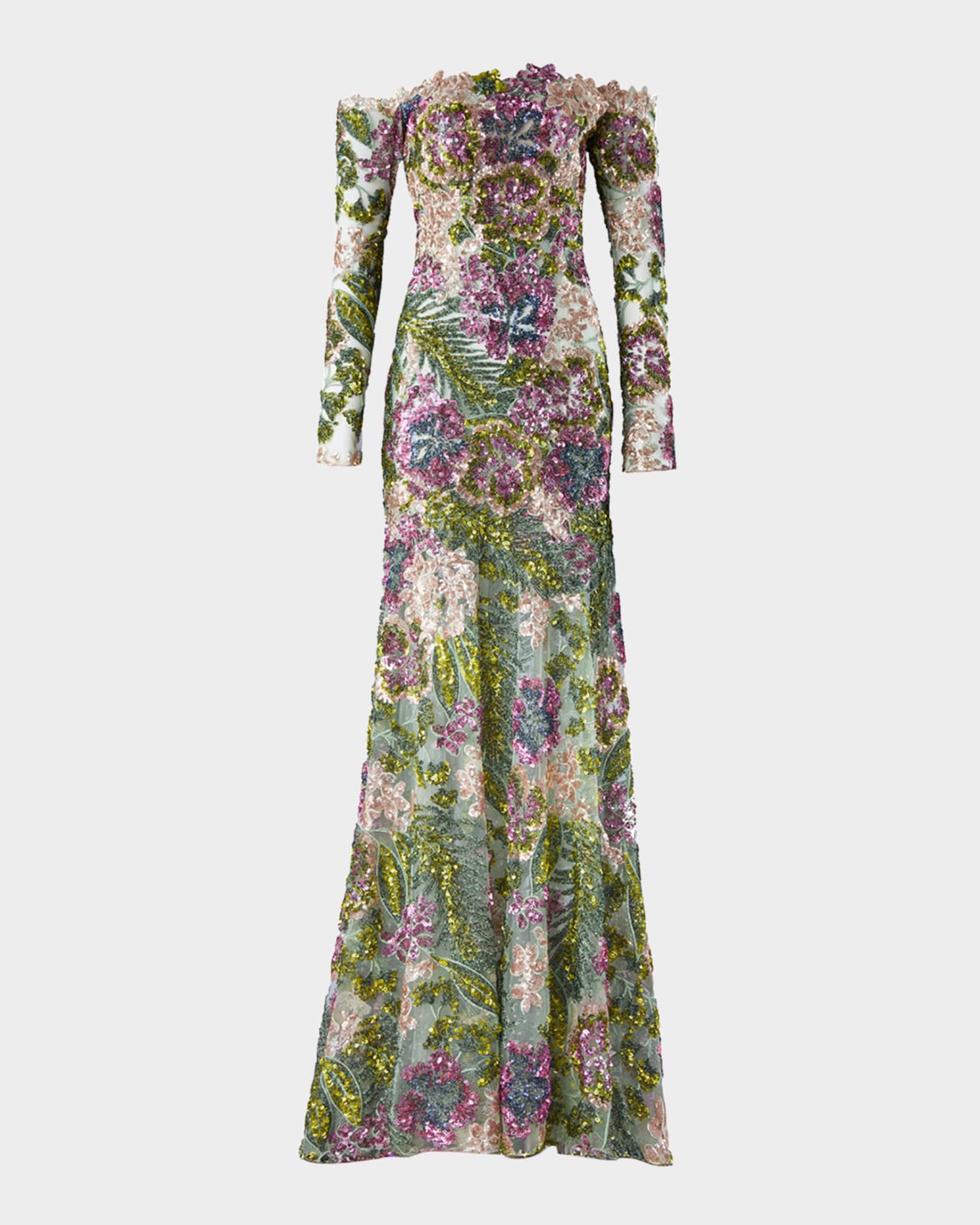 Rafaella Floral Sequined Off-The-Shoulder Trumpet Dress 0