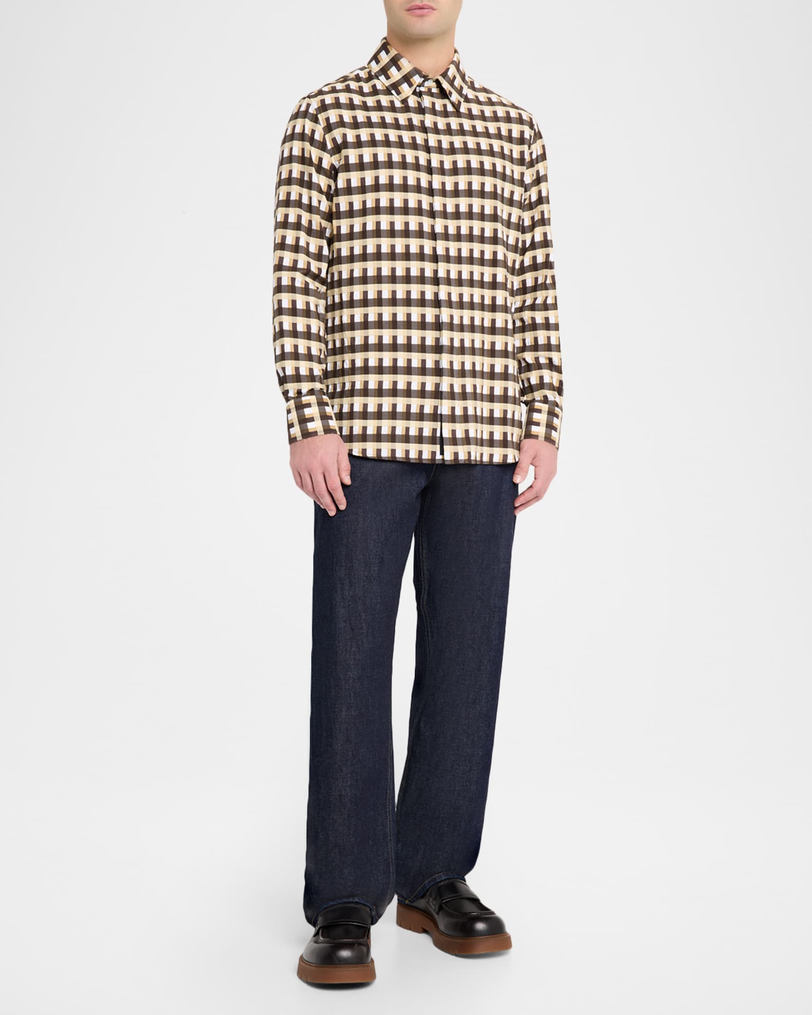 Bottega Veneta Men's Cotton 3D Check-Print Button-Down Shirt