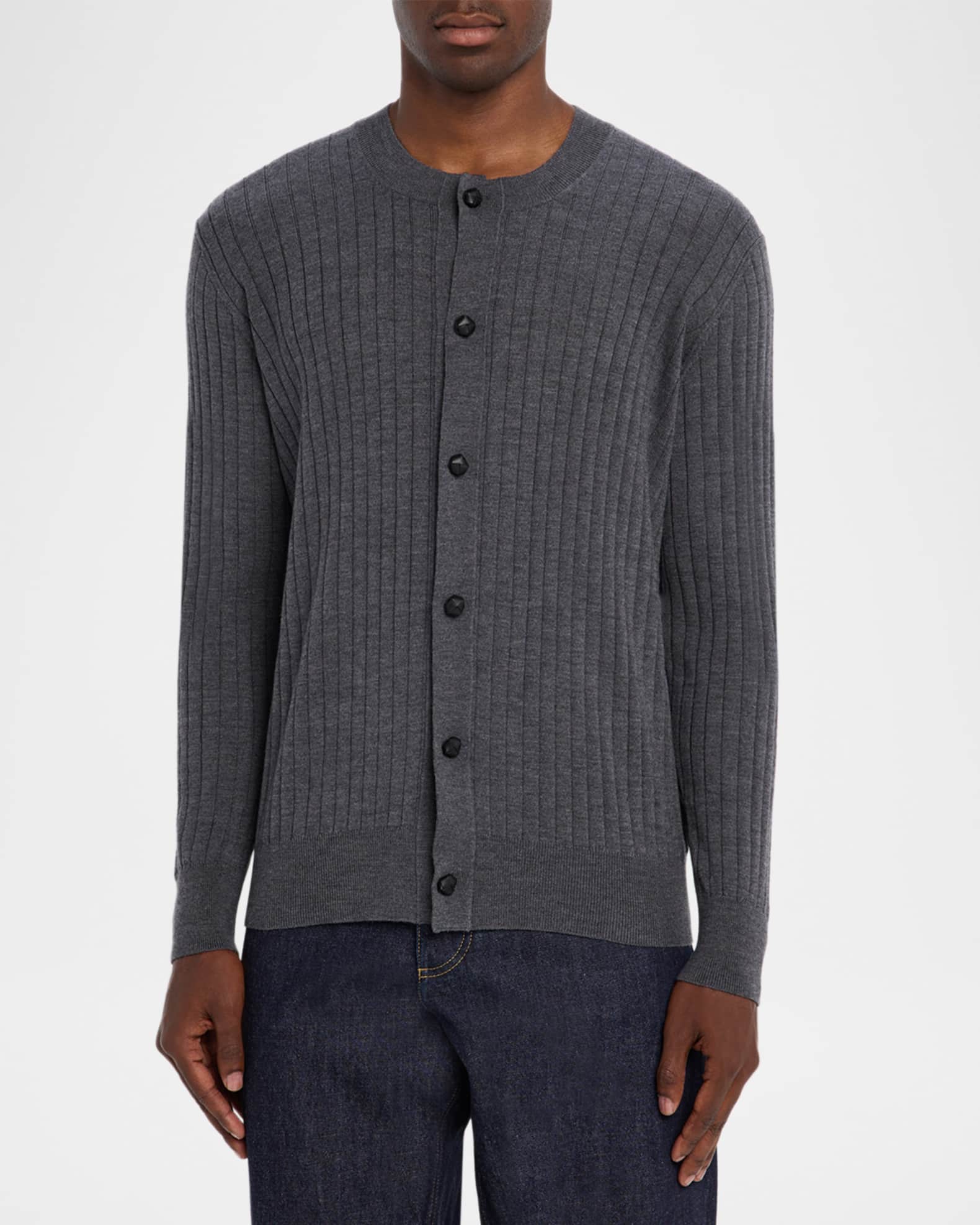 Bottega Veneta Men's Ribbed Wool Cardigan with Leather Buttons