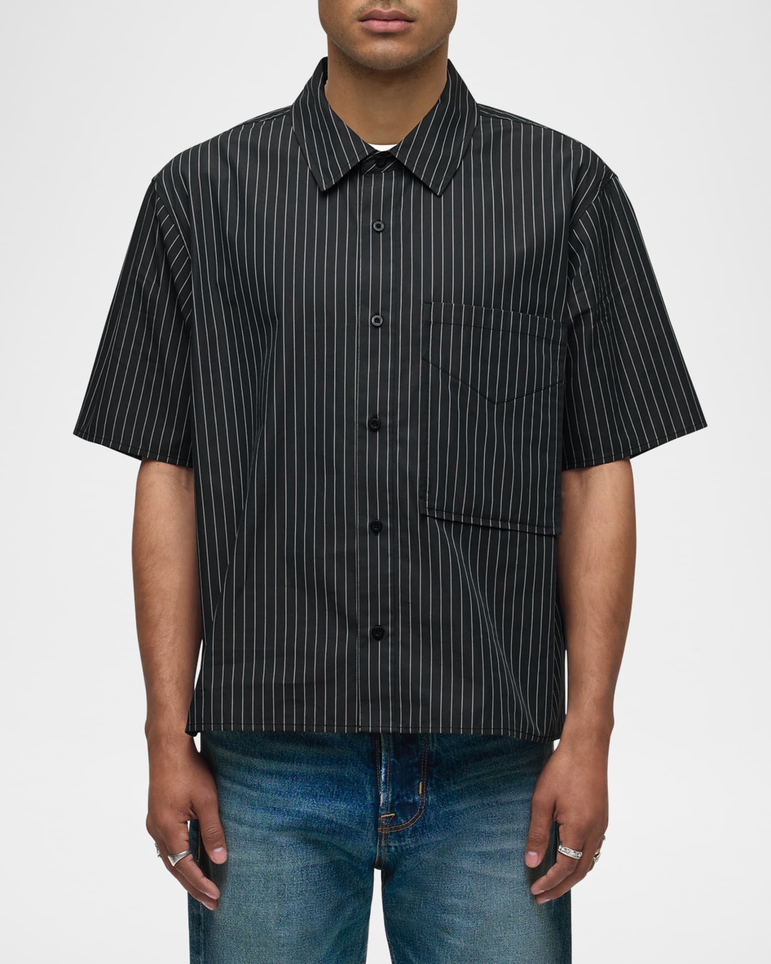 Hudson Men's Rex Boxy-Fit Poplin Stripe Short-Sleeve Shirt | Neiman Marcus