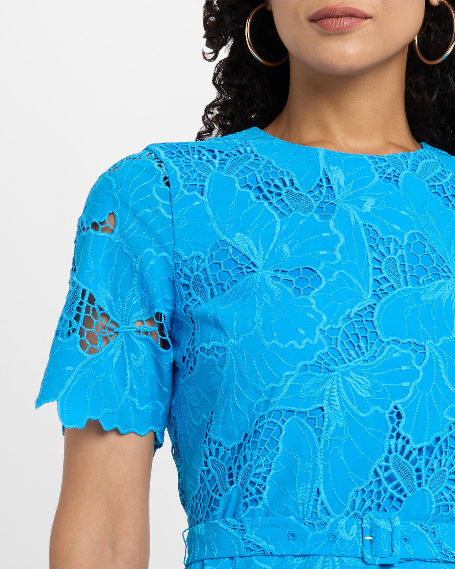 elie tahari blue lace dress Elie Tahari The Clover Belted Butterfly Lace Dress
