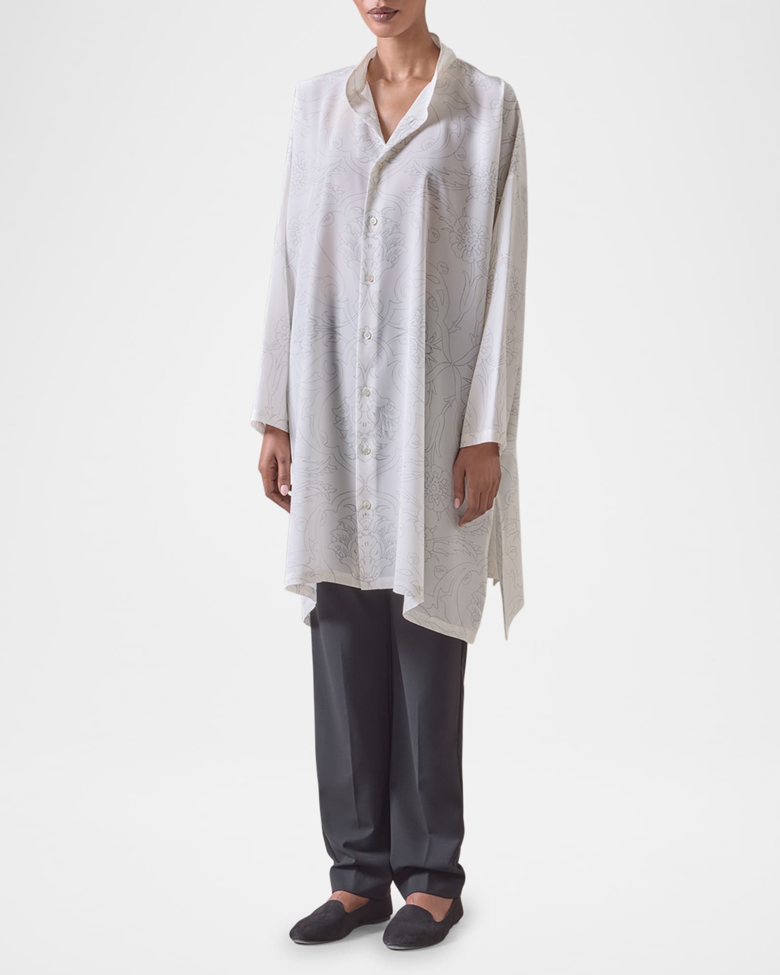 Tile-Print Ottoman Wide A-Line Collarless Shirt With Slits (Very Long Length) 1