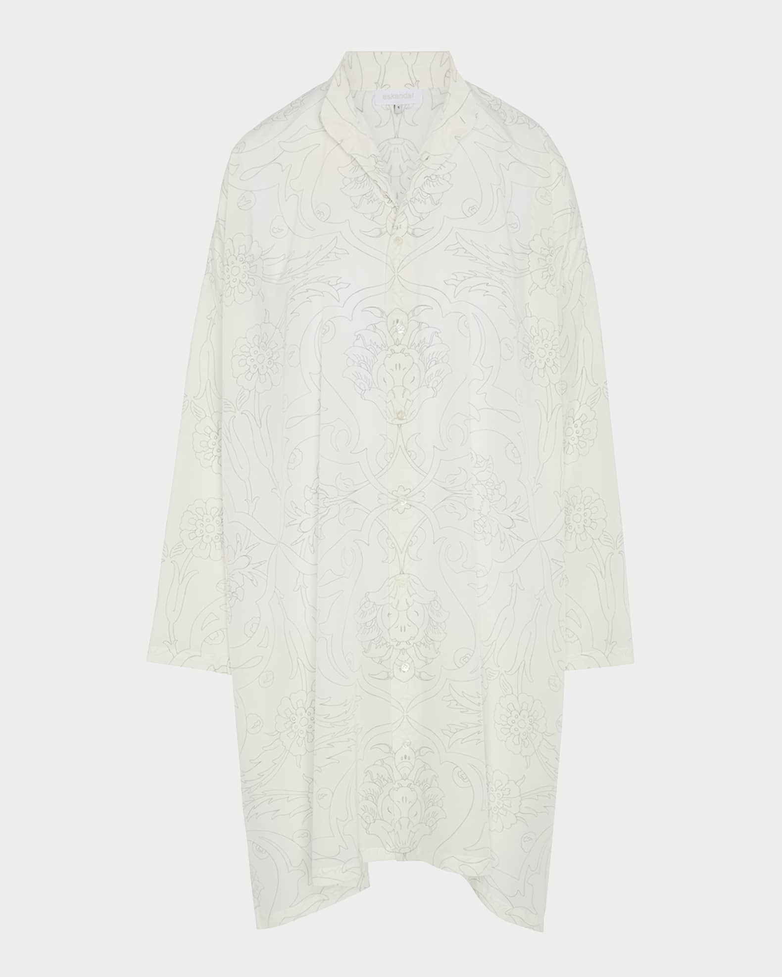 Tile-Print Ottoman Wide A-Line Collarless Shirt With Slits (Very Long Length) 0