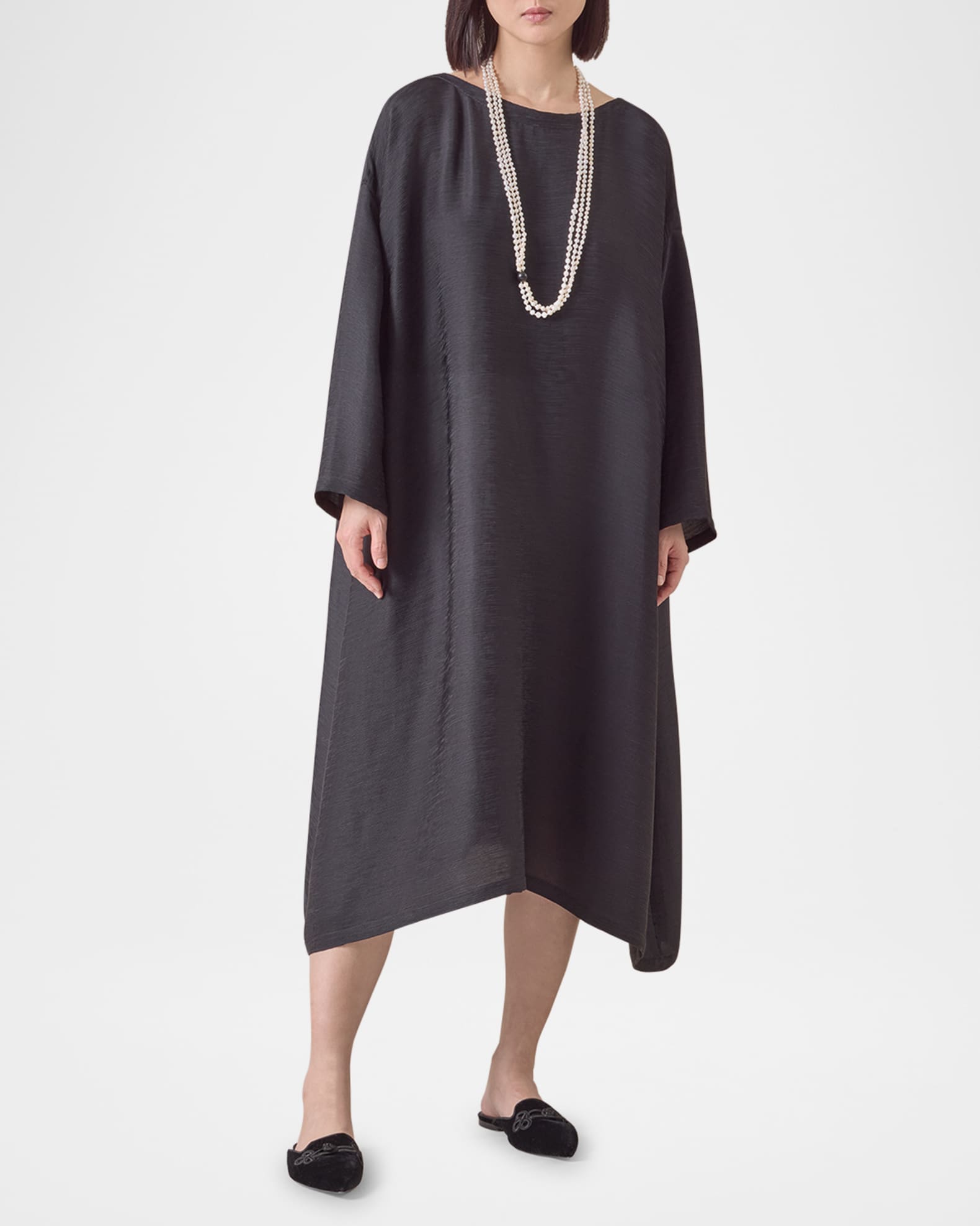 Silk Plisse Wide A-Line Scoop-Neck Dress 1