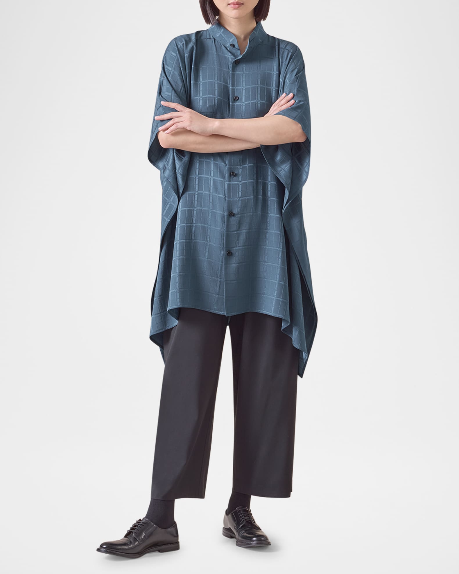 Satin Box Check Jacquard Collarless Longer-Back Kaftan Shirt (Long Plus Length) 1