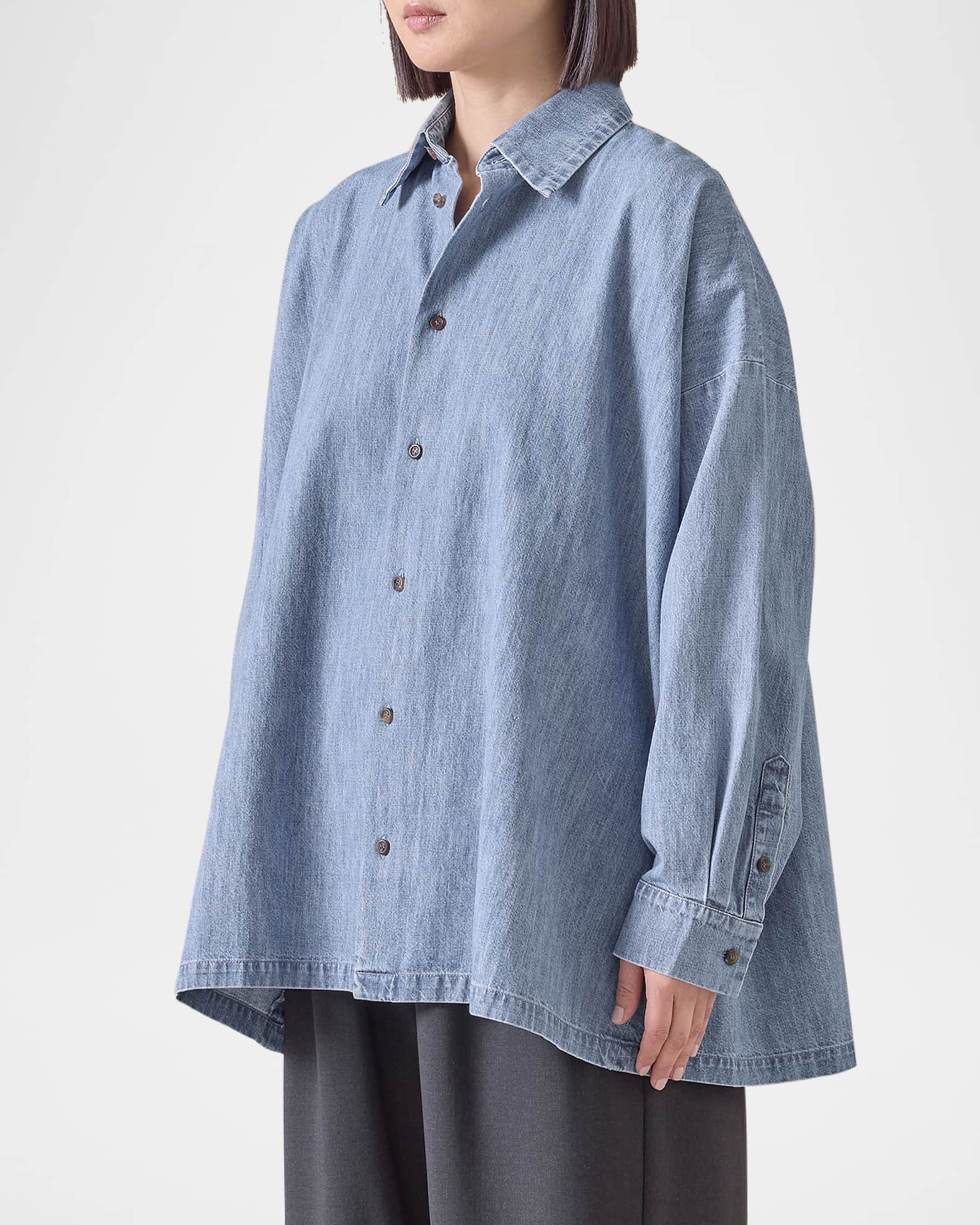 Angled-To-Front Side Seam Denim Shirt With Collar (Long Length) 1