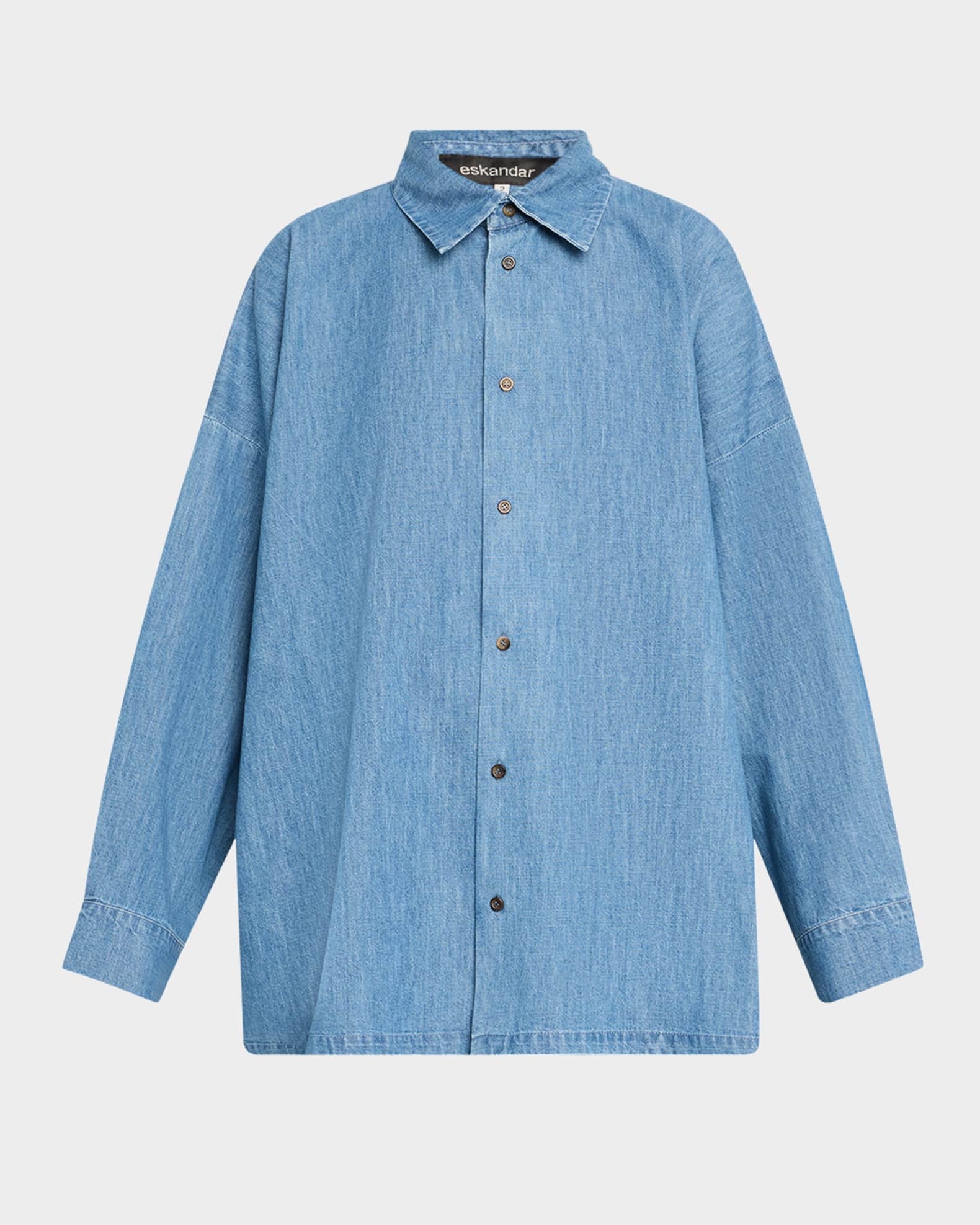 Angled-To-Front Side Seam Denim Shirt With Collar (Long Length) 0