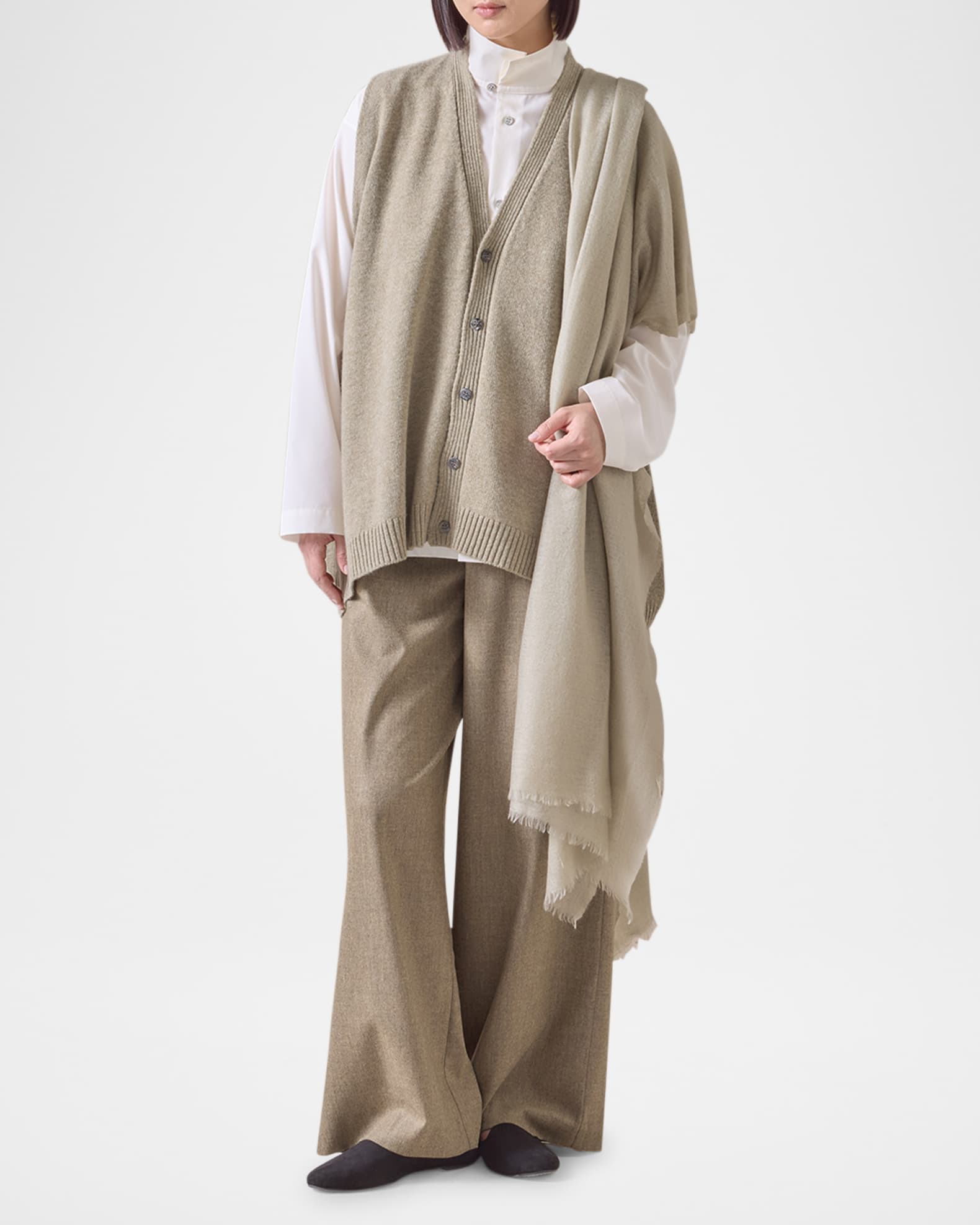 Cashmere A-Line Sleeveless V-Neck Cardigan (Mid Plus Length) 1