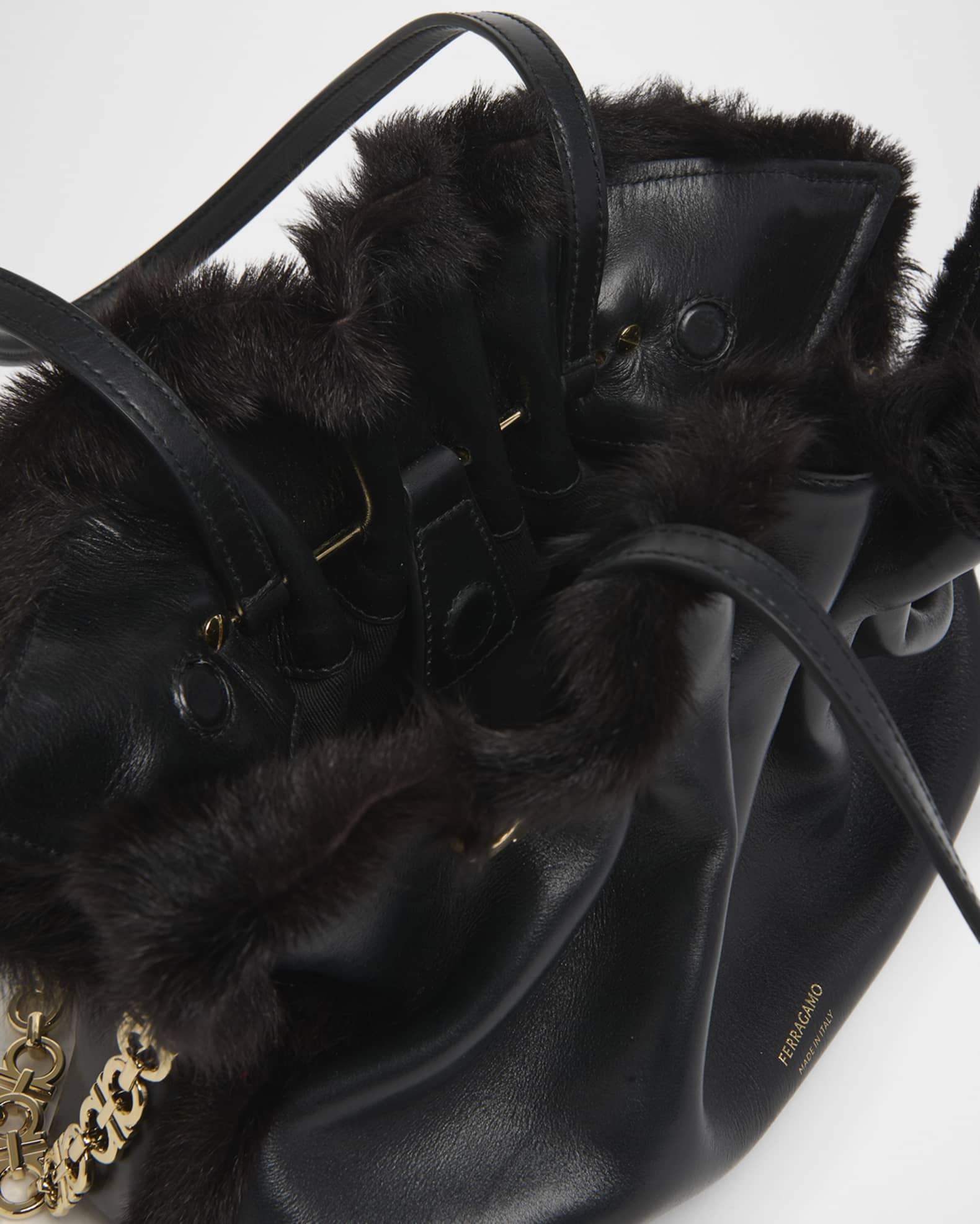 Ferragamo Ruched Shearling-Trim Soft Shoulder Bag | Neiman Marcus