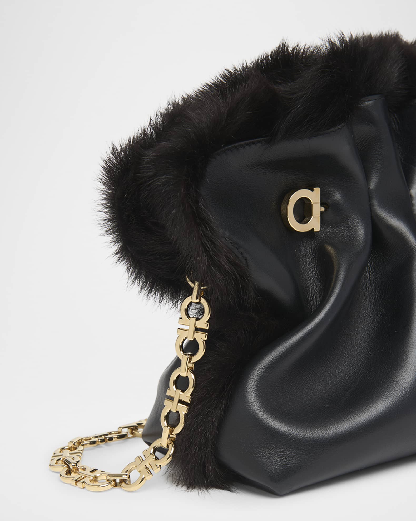 Ferragamo Ruched Shearling-Trim Soft Shoulder Bag | Neiman Marcus