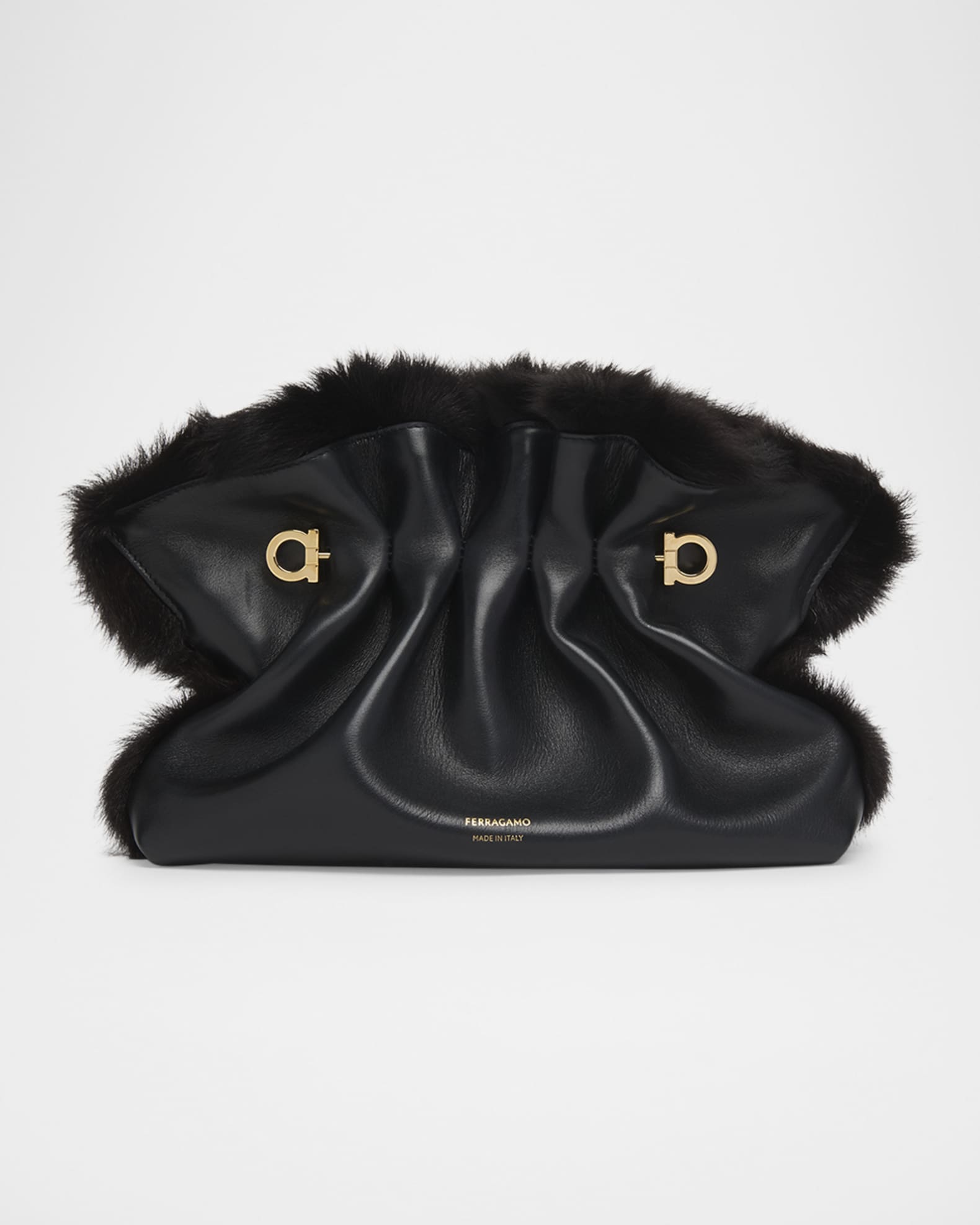 Ruched Shearling-Trim Soft Shoulder Bag 0