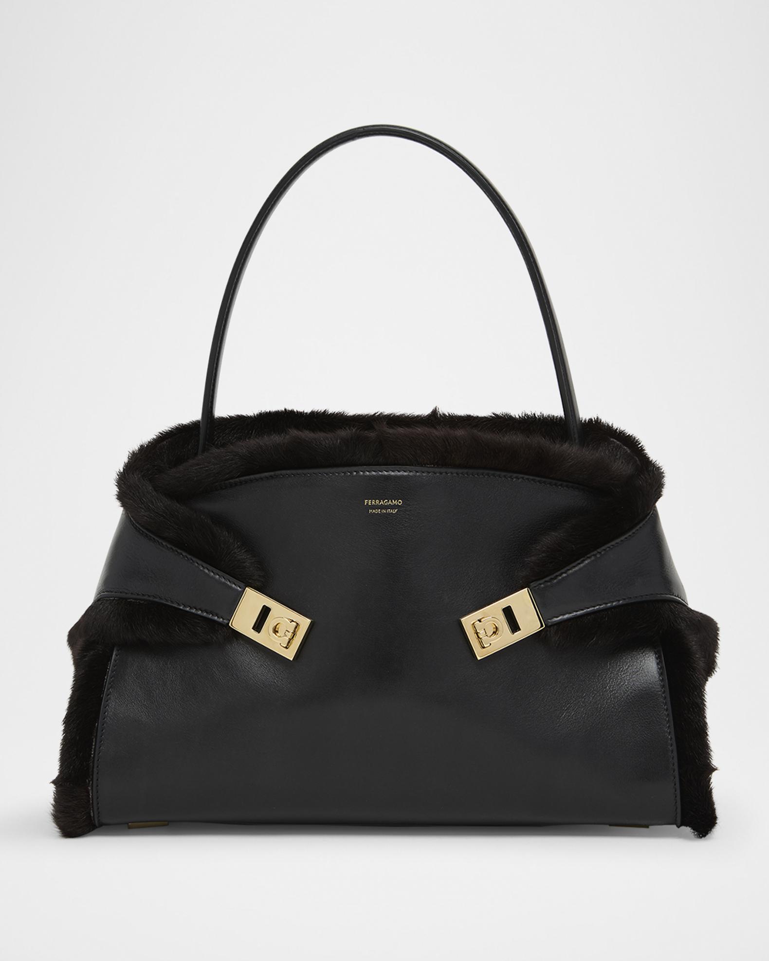 FERRAGAMO Hug Leather & Shearling Shoulder Bag | Neiman Marcus