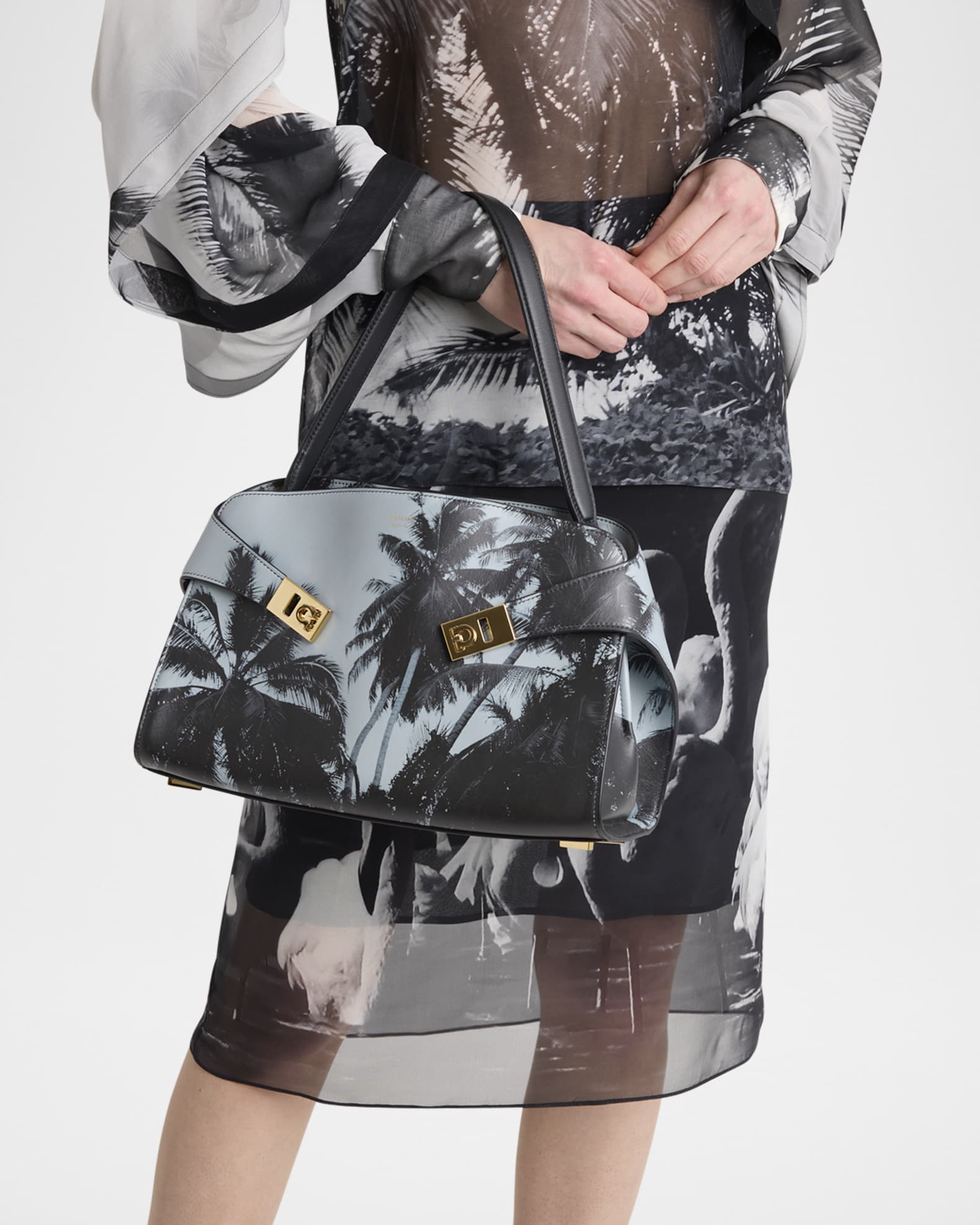 Ferragamo Hug Palm Tree-Print Leather Shoulder Bag | Neiman Marcus