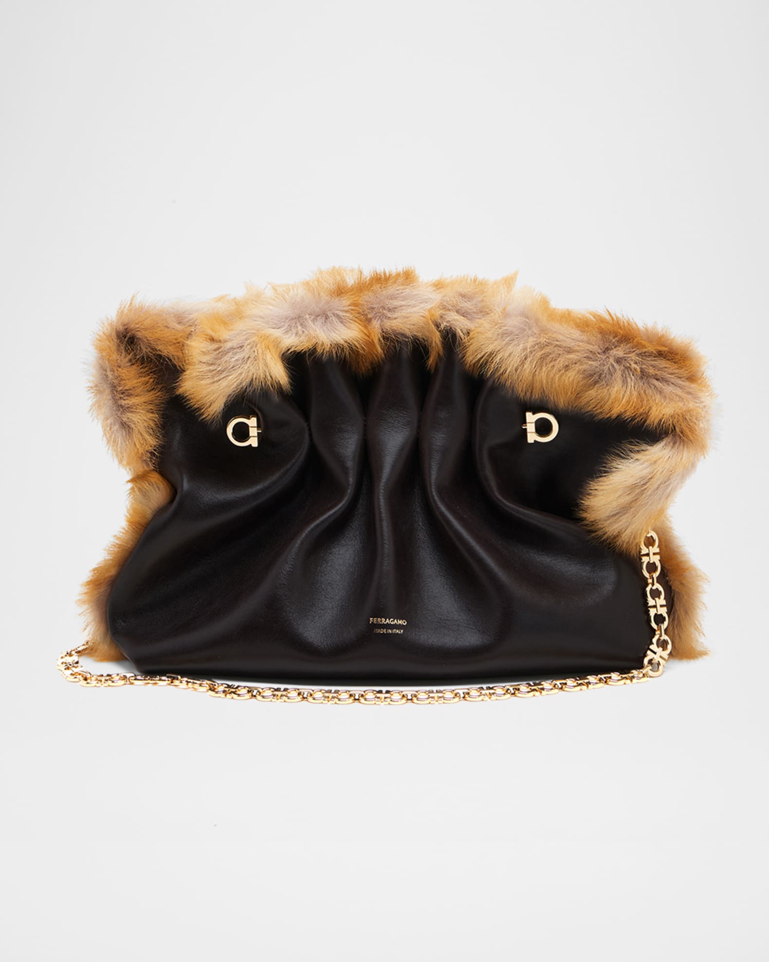 Ferragamo Pinch Soft Shearling-Trim Leather Shoulder Bag | Neiman