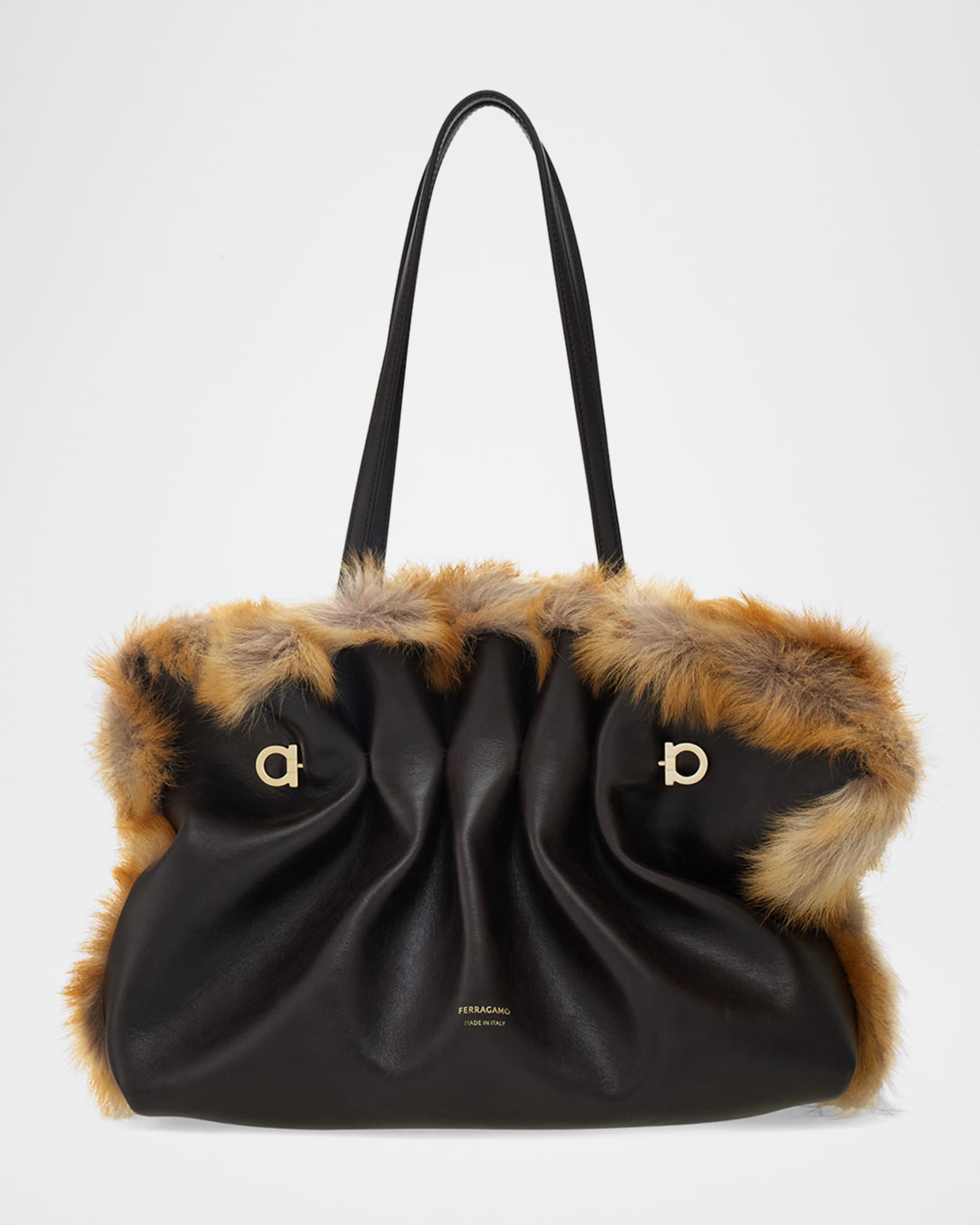 Ferragamo Pinch Soft Shearling-Trim Leather Shoulder Bag | Neiman
