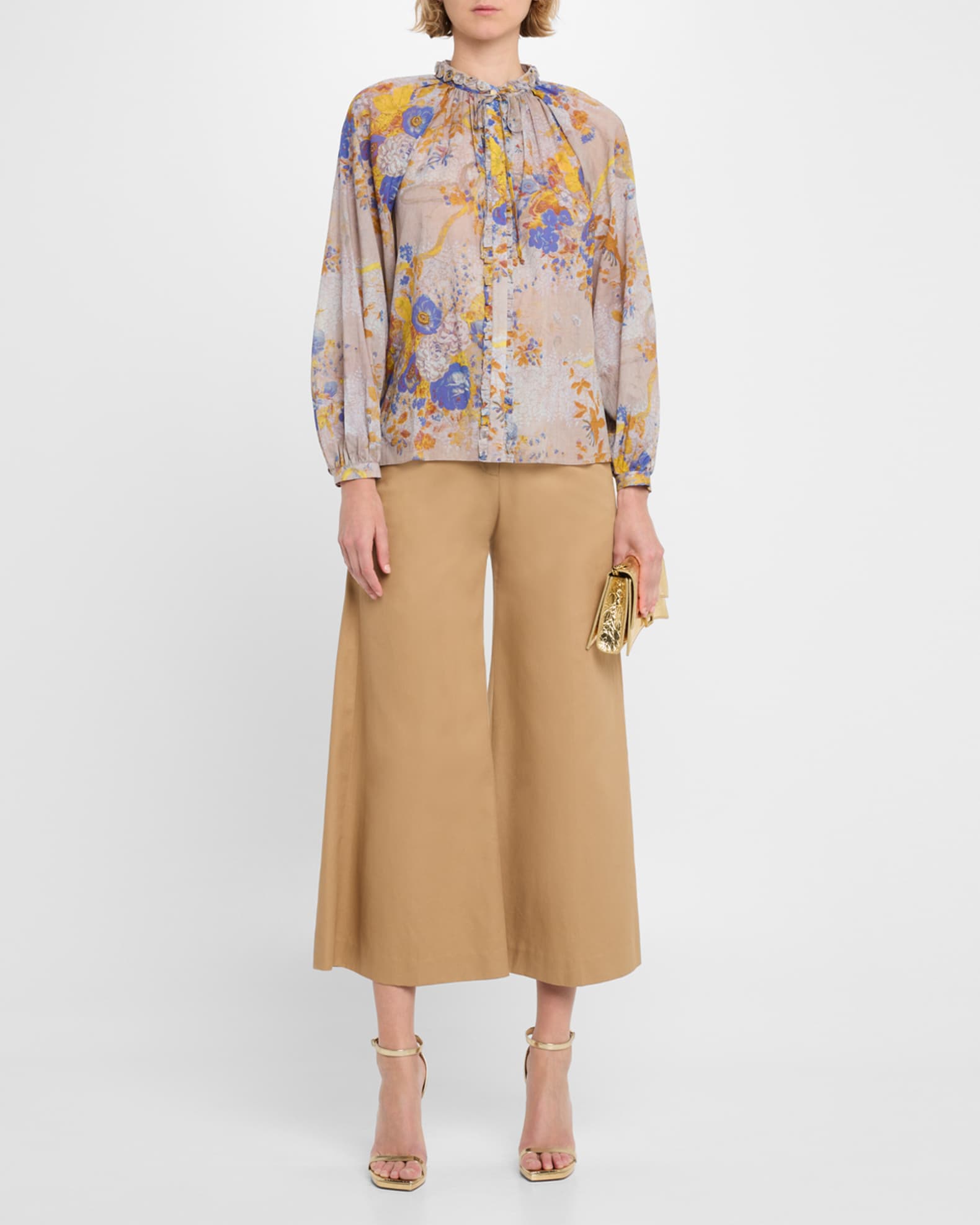 Janice Ruffled Tie-Neck Floral Cotton Blouse 1