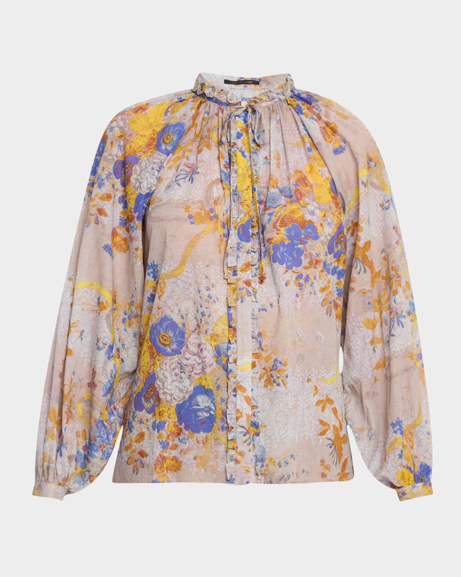 Janice Ruffled Tie-Neck Floral Cotton Blouse 0
