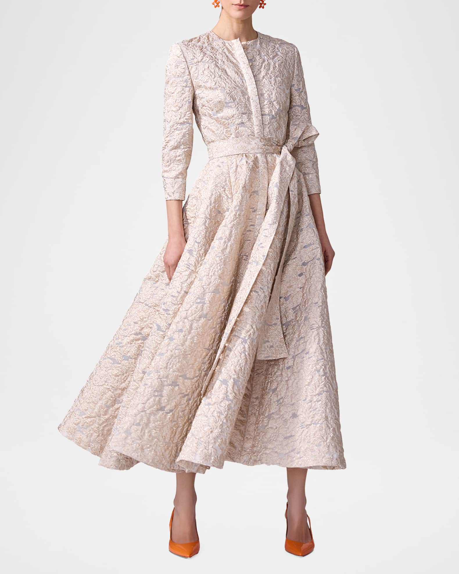 Metallic Floral Brocade Belted Midi Trench Dress 1