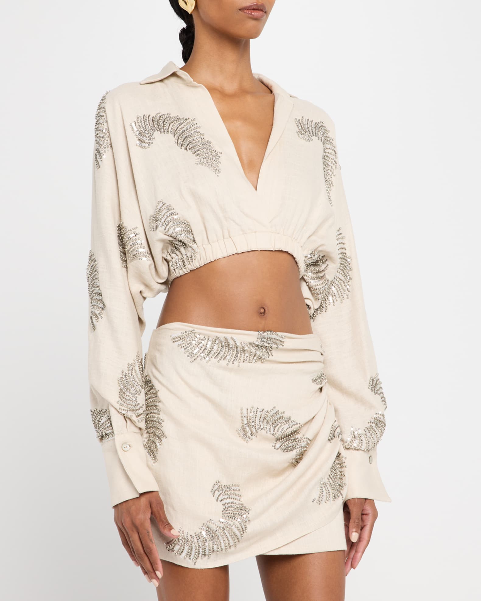 JBQ Ophelia Embellished Linen-Blend Crop Top | Neiman Marcus