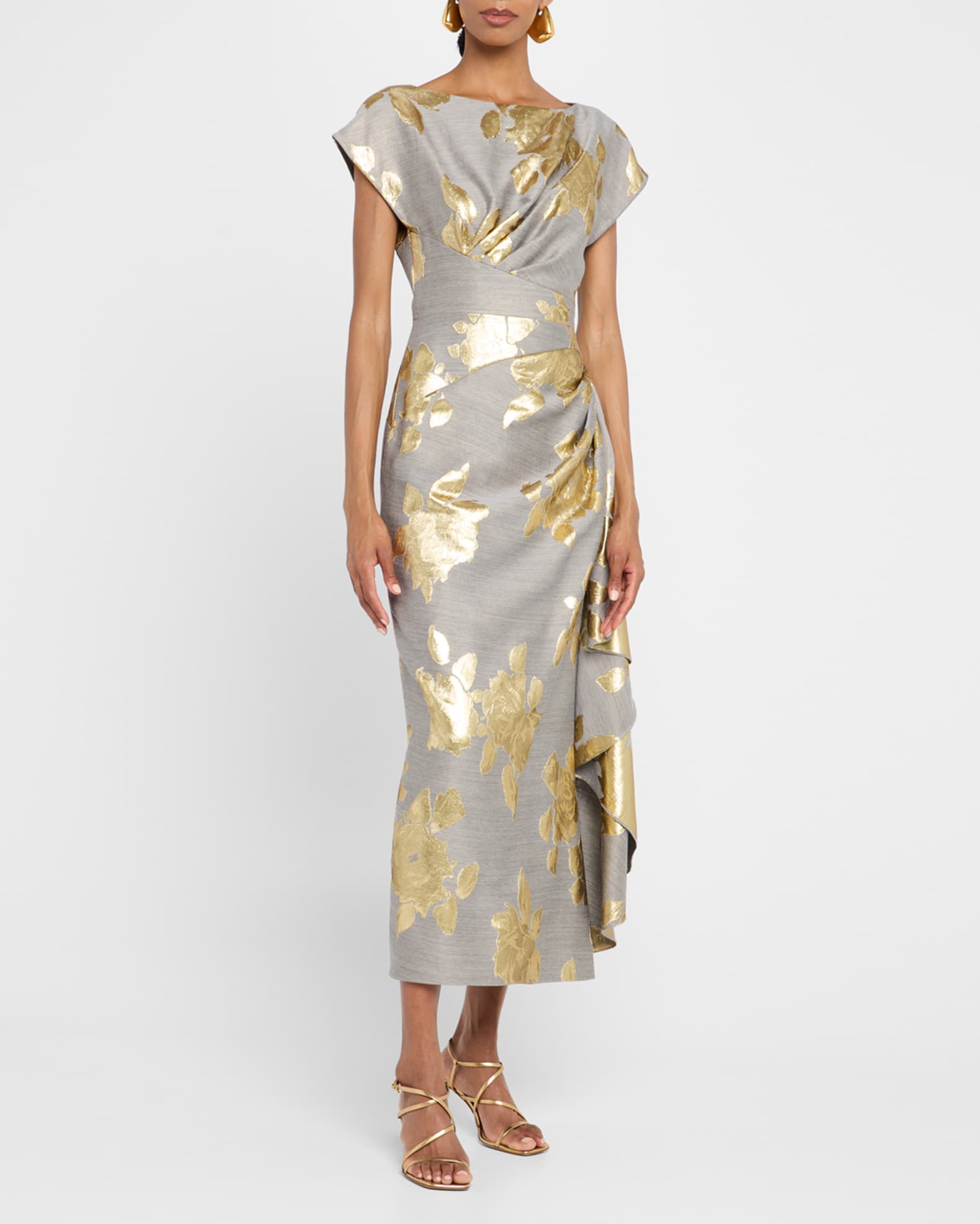 Lela Rose Florence Metallic Floral Jacquard Draped Midi Dress