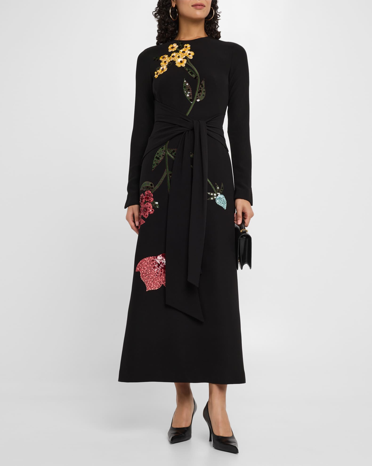 Floral Embroidered Long-Sleeve Tie Waist Midi Dress 1