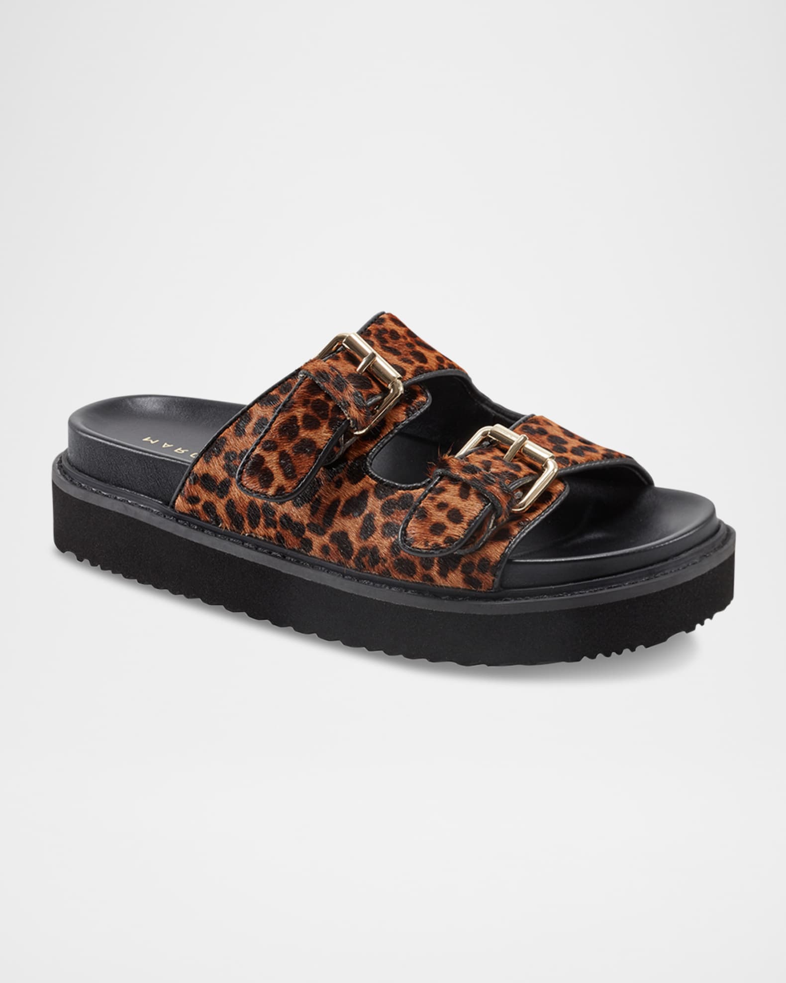 Agustaly Leopard Calf Hair Dual-Buckle Slide Sandals 1