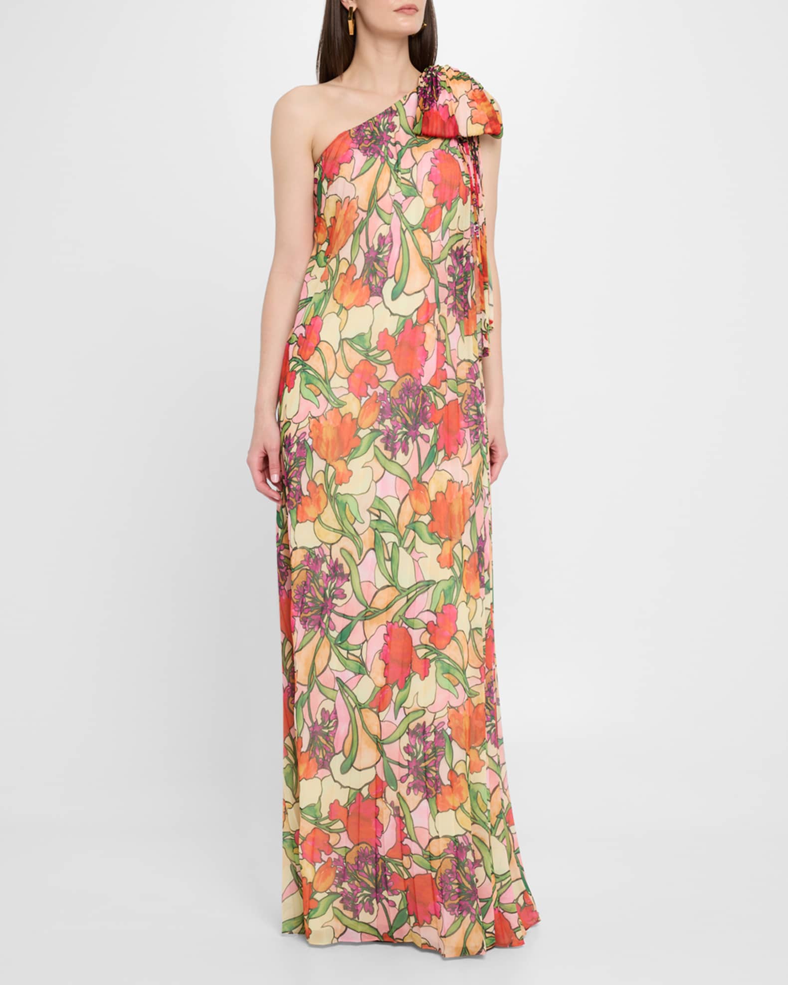 Badgley Mischka Collection Pleated One-Shoulder Bow Gown
