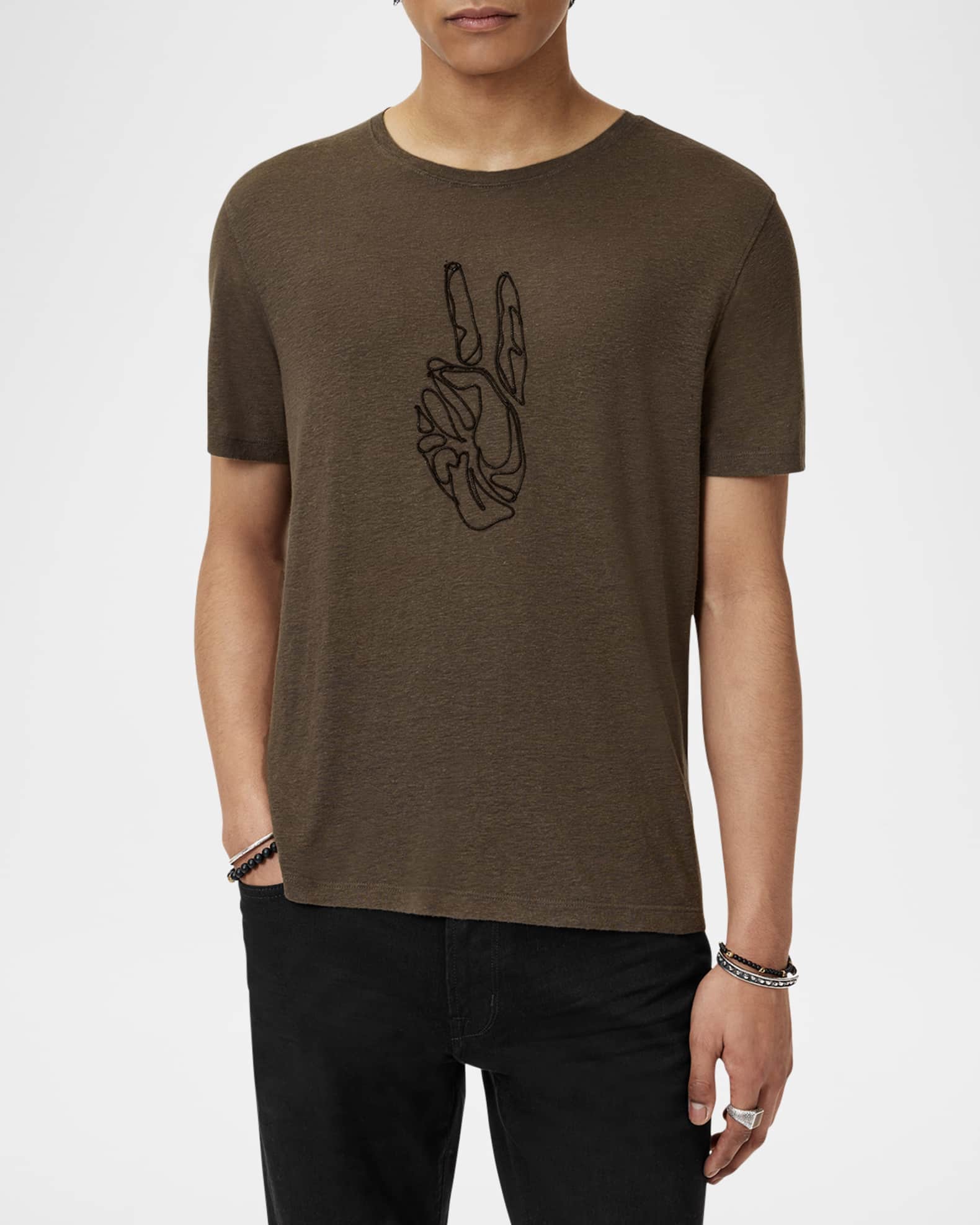 (取寄) ジョン バルベイトス メンズ コーディング ピース ティー John Varvatos men Cording Peace Tee Twine John Varvatos Men's Cording Peace Sign Crewneck T-Shirt | Neiman