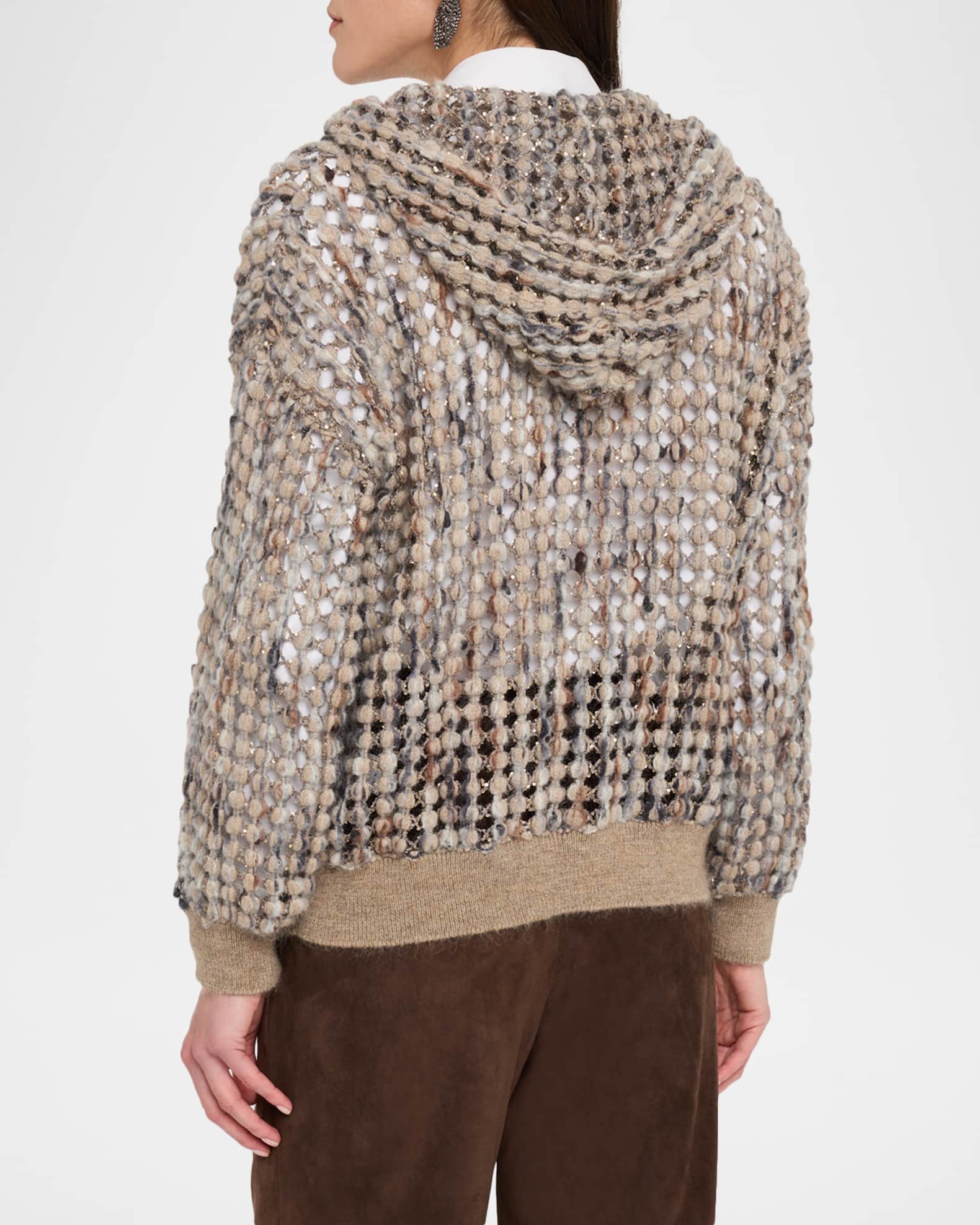 Brunello Cucinelli Pailette Wool-Cashmere Net Balloon-Sleeve Zip