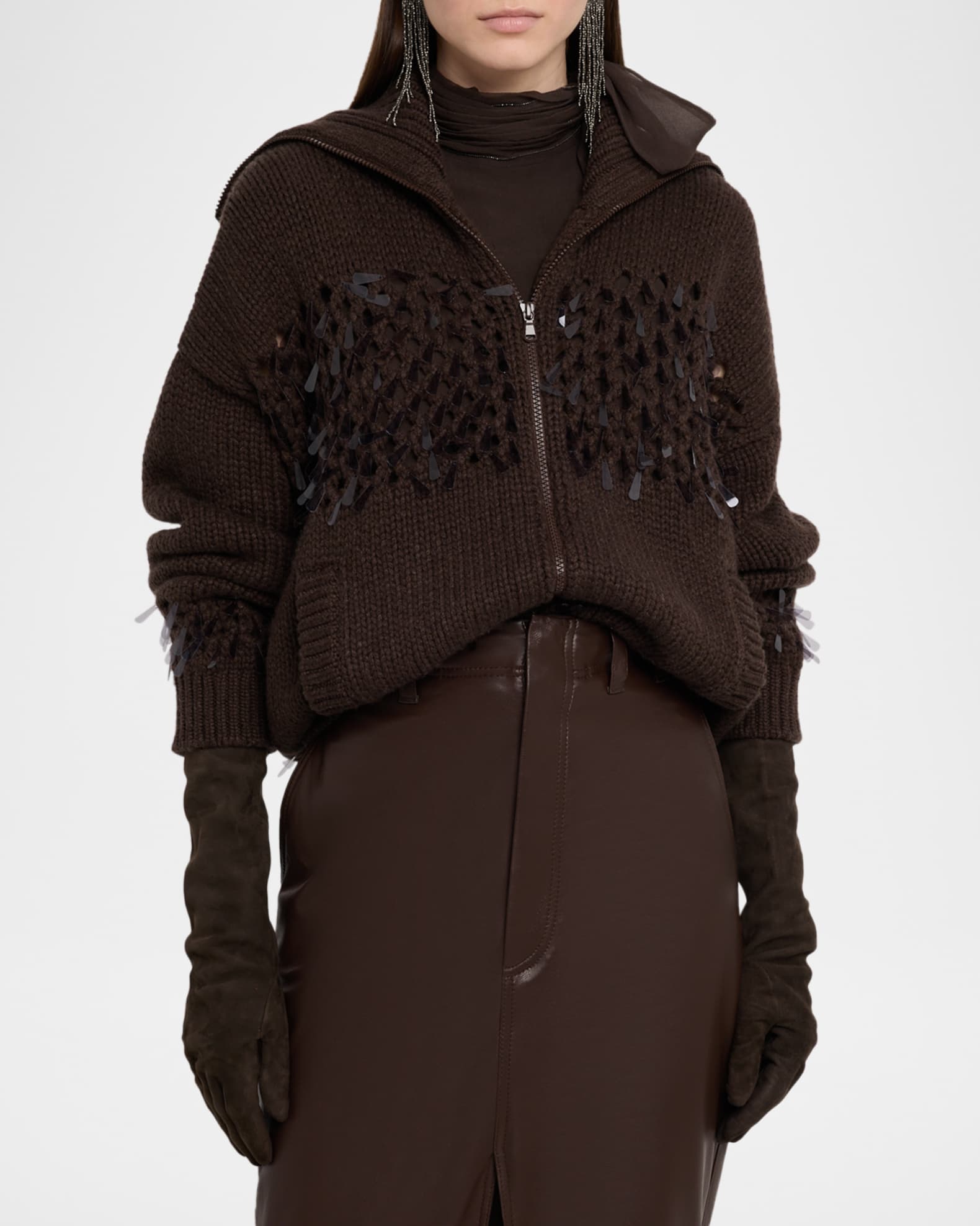 【関税&送料込】Brunello Cucinelli Sequin-Embroidered Cashme Brunello Cucinelli Mosaic Sequin Embroidered Net Knit Zip