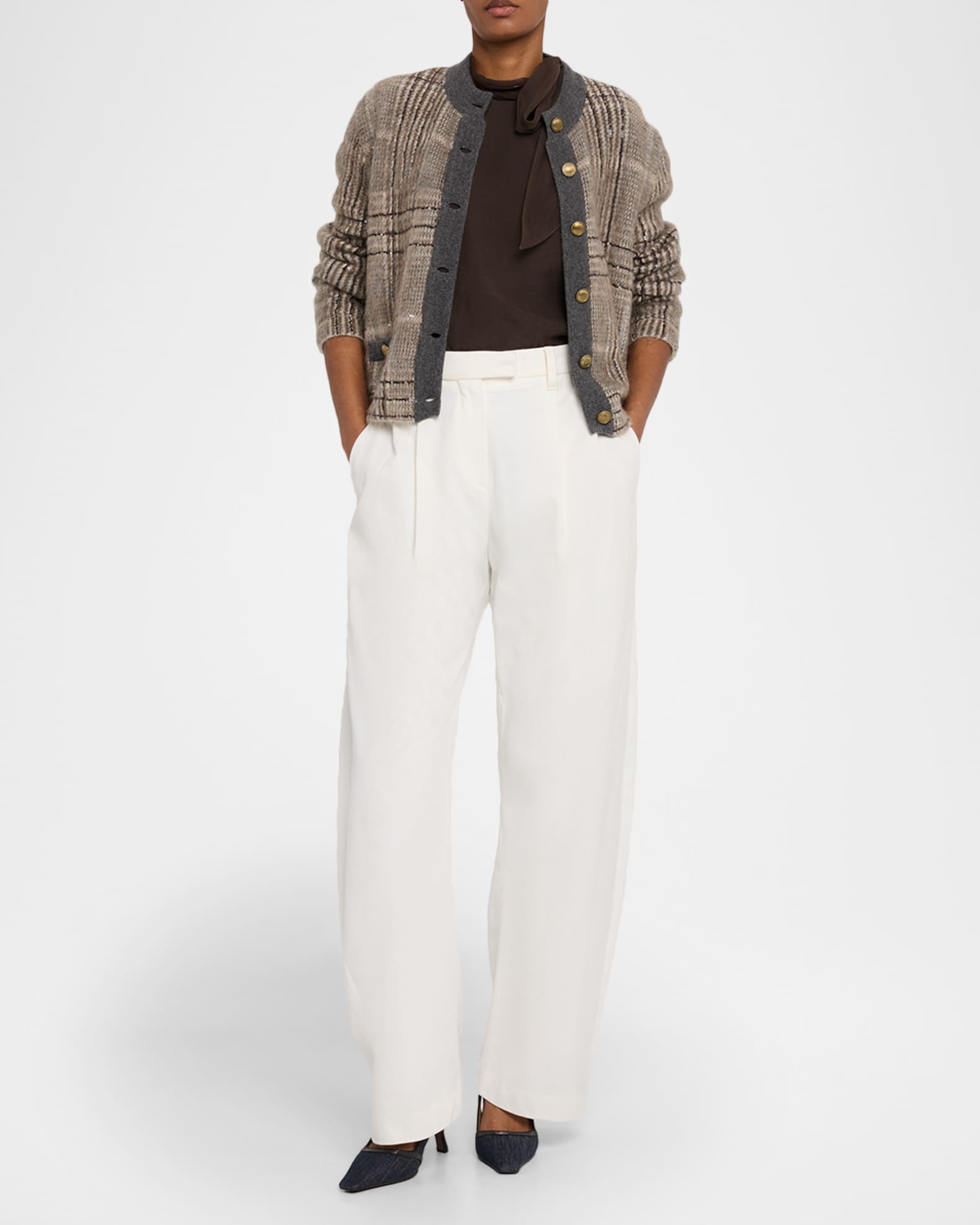 Cashmere-Mohair Paillette Check Jacquard Cardigan 1