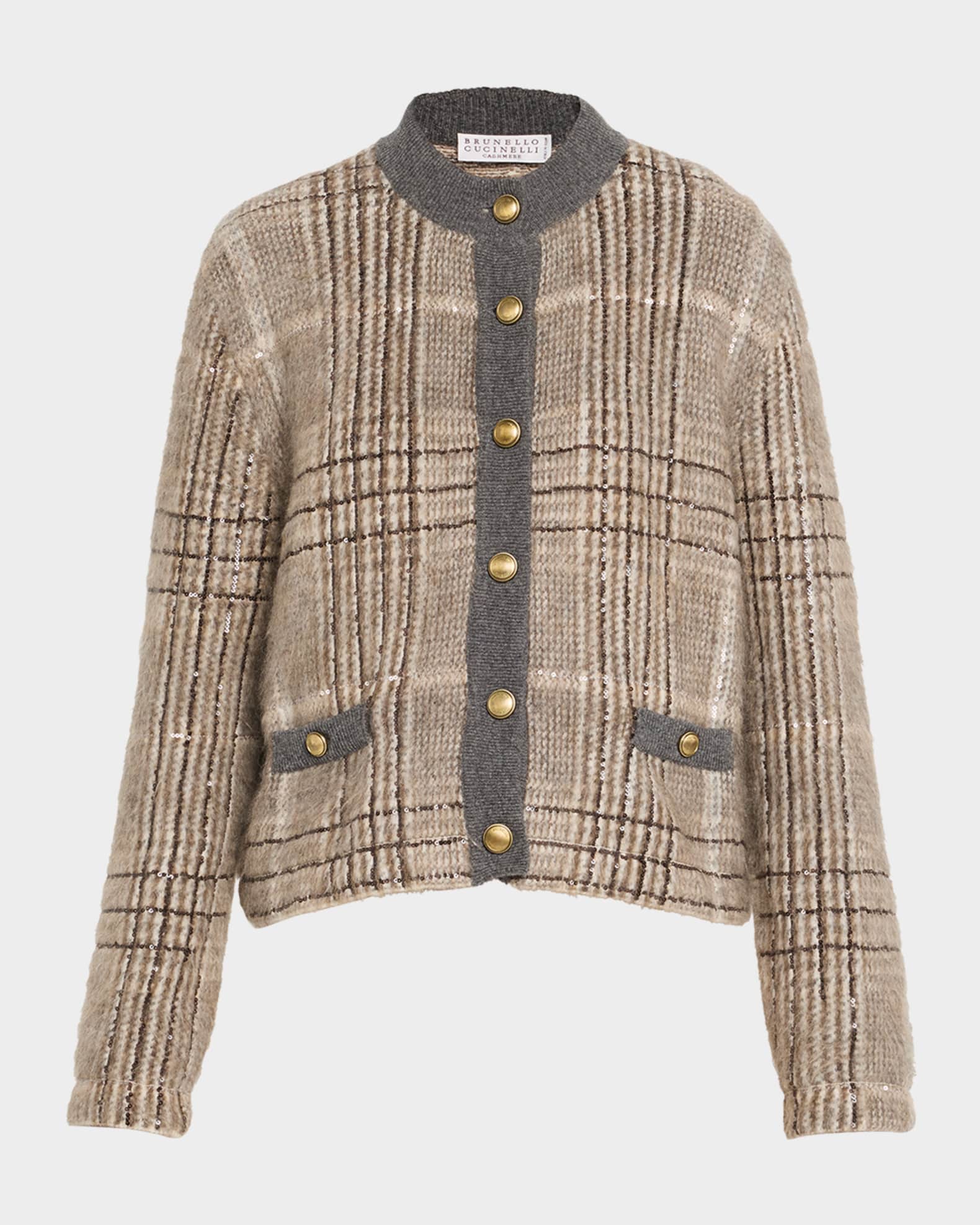 Cashmere-Mohair Paillette Check Jacquard Cardigan 0