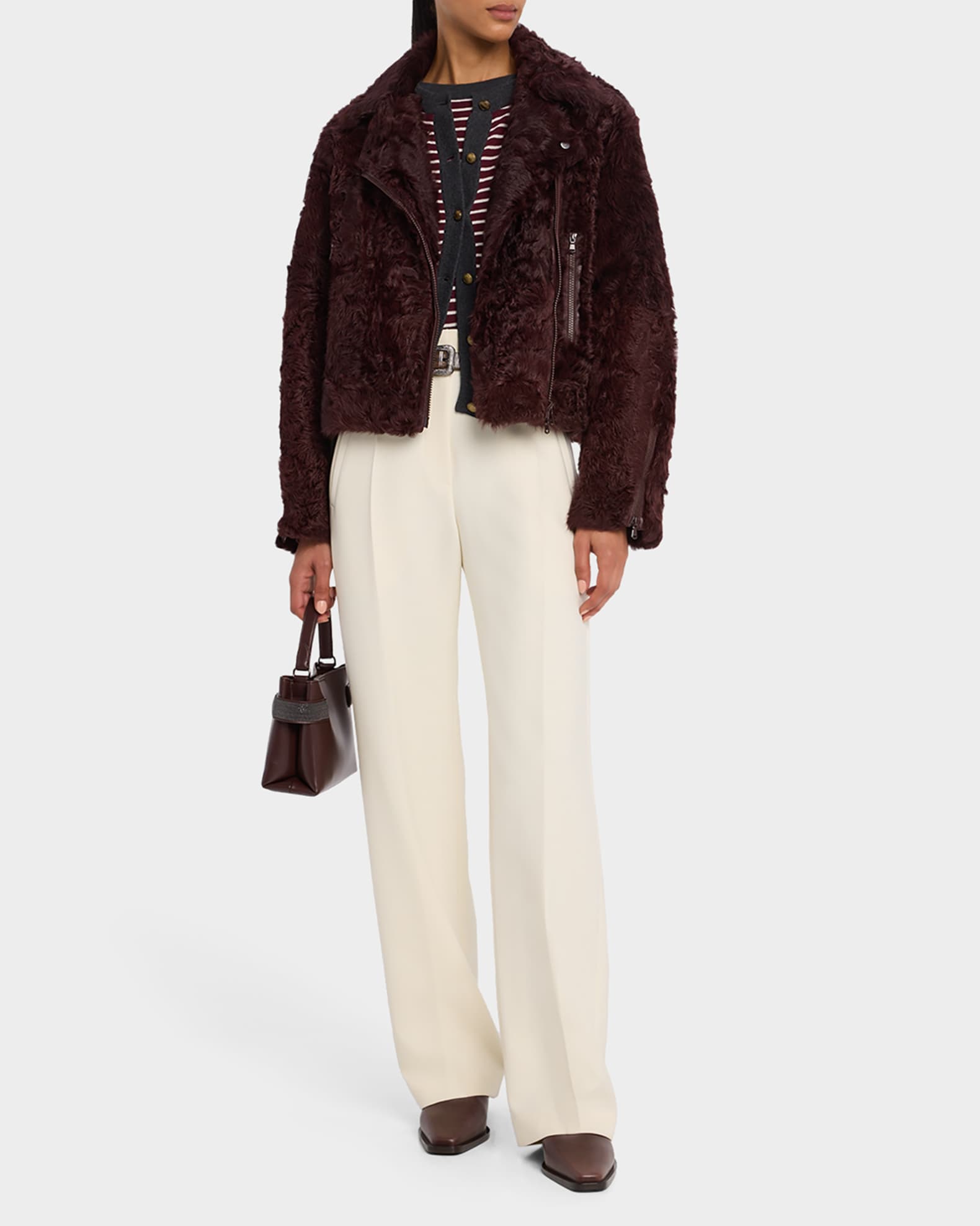 Striped Wool-Cashmere Crewneck Cardigan 1