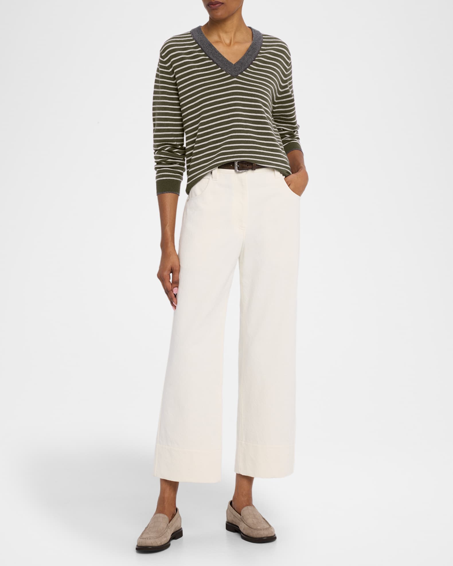 Striped Wool-Cashmere V-Neck Sweater 1